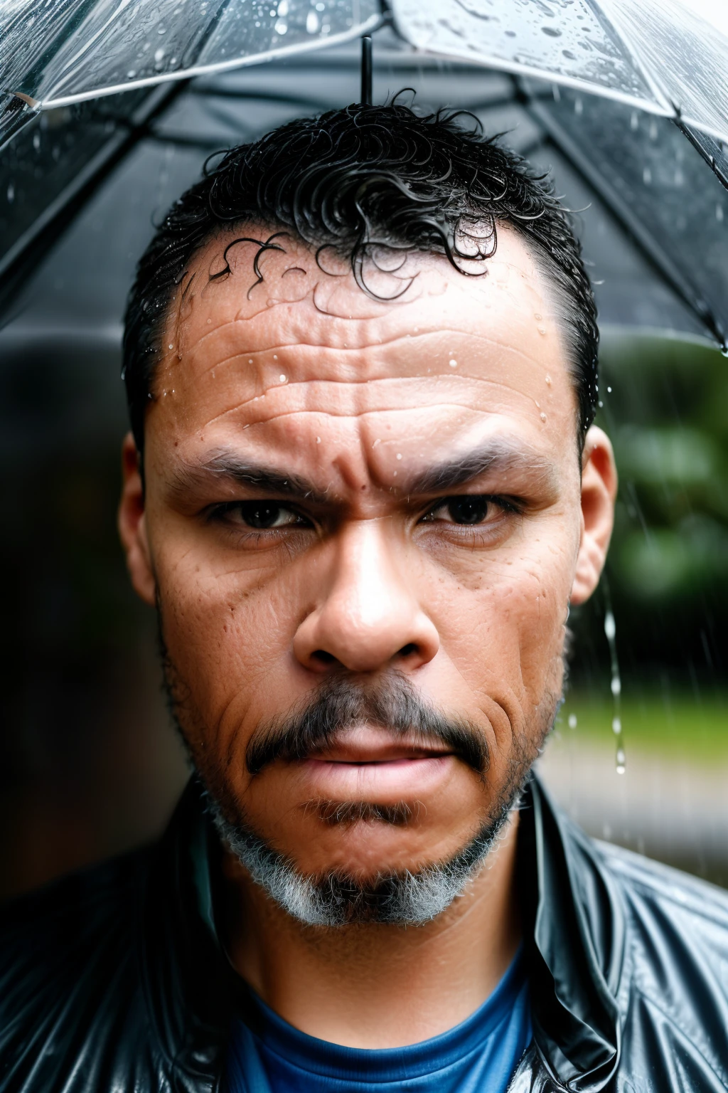 guttonerdvision10, A RAW photograph capturing a hyper-realistic portrait of a man wearing glasses, walking in the rain. The man is drenched, with water dripping from his hair and face, and his clothes are soaked. This detailed image highlights his skin with a level of detail at 1.3, revealing the texture and natural features of his face.

The rain creates a unique and compelling atmosphere, with water droplets clinging to the man's face and hair as he continues to walk through the downpour. Despite being wet, his determined expression and forward stride convey a sense of purpose and resilience.

The photograph is presented in UHD with a hyper-realism level of 1.3, ensuring exceptional visual quality. Rendering is done using Octane, providing a lifelike portrayal of the wet environment and the man's authentic and determined expression, making it a powerful and emotive image.