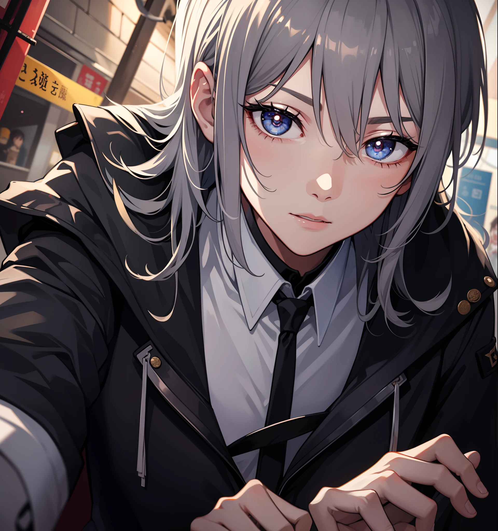 "A high resolution, 4K, Handsome and handsome"年轻,Gray hair,eyes glowing,badges,exploit,城市