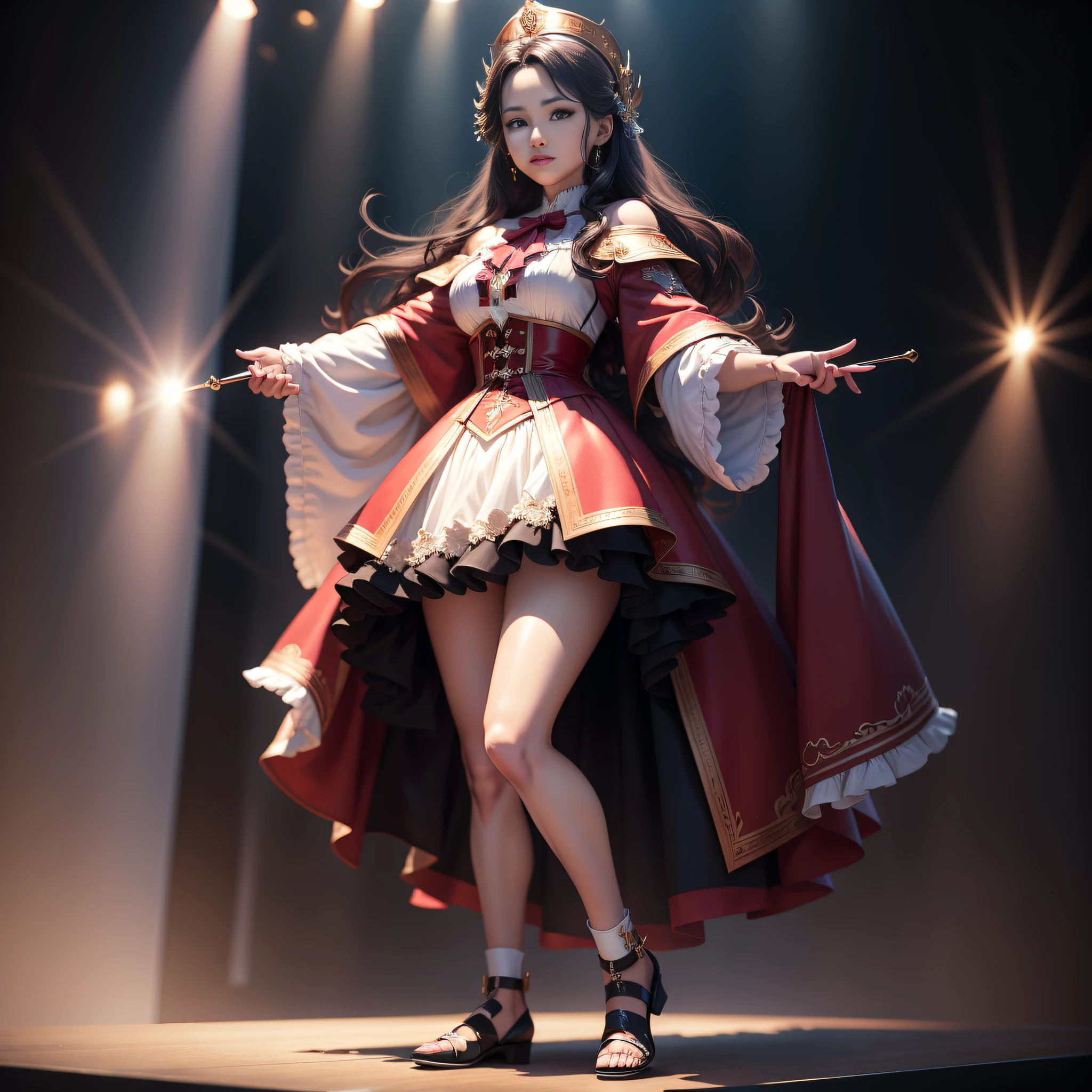 tmasterpiece,A high resolution,8K,CG animation,A woman stands on stage,In the introduction of goods