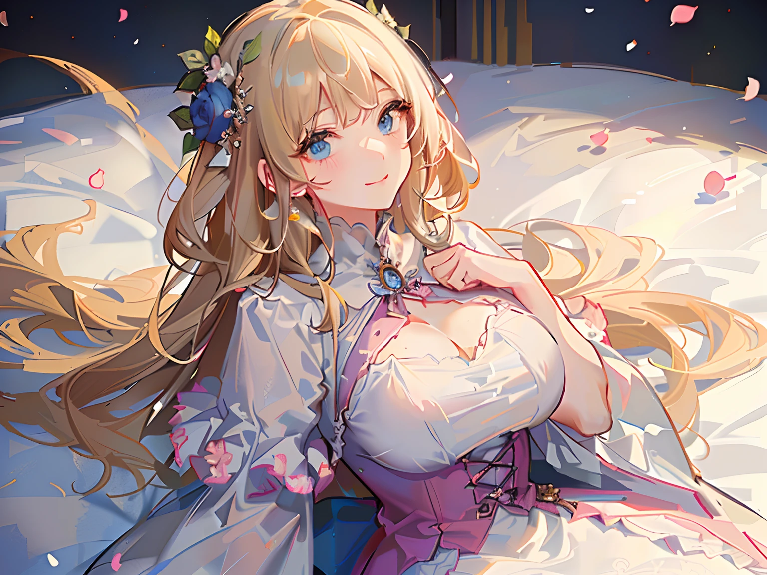 From the top, ((Best quality)), ((Masterpiece)), (detail) From the top, ((Best quality)), ((Masterpiece)), (detail) 1girll, ，light colors hair，Shining blue eyes，Plump cheeks, Blushlush，Hefty Smile，Wear colorful dresses, Ribbons and floral ornaments, It gives the impression of innocence and cuteness. , Large ,  gigantic  , ，,