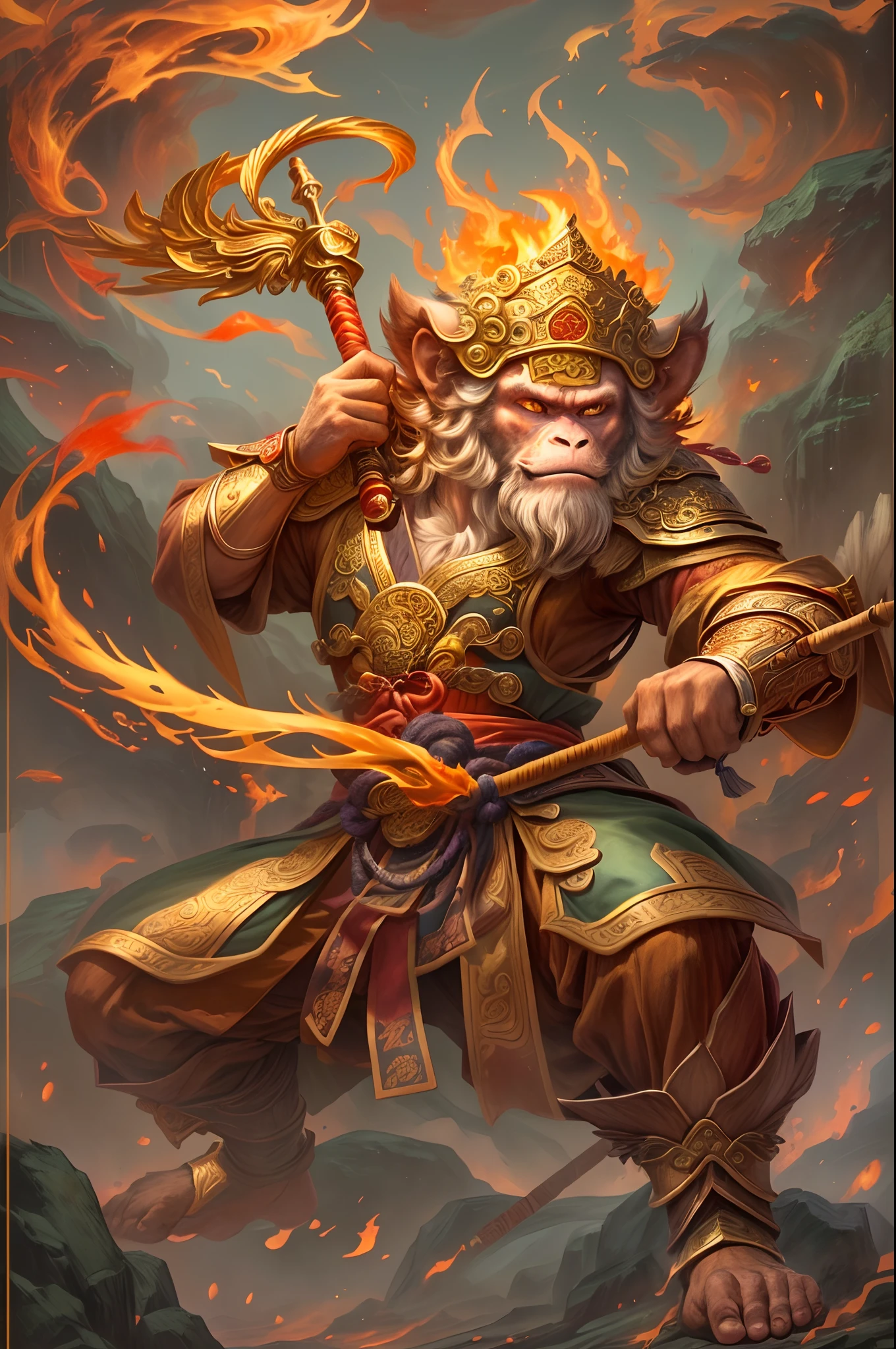 Anthropomorphic male monkey man with golden hoop stick in his hand, bo staff, Sun Wukong, Wukong, fighting Buddha, normal hands, flame clouds under his feet, fire eyes golden eyes bright and brave, very beautiful anthropomorphic monkey, fighting stance, Guan Yu, inspired by Huang Shen, inspired by Hu Zaobin, legendary monkey god holding a spear, golden chinese style armor, battlefield background, burning fire aura,