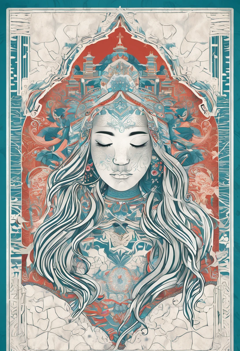 (White background:1.4),(Silhouette of a girl's head, Eyes closed, colorfull long hair, Oriental elements),(Chinese illustration:1.3,paper art:1.3, Quilted paper art:1.2),( reasonable design, Clear lines, High sharpness,Best quality, Very detailed, Masterpiece, movie light effect, 4K ),Ocean blue eyes,The eyeballs are snowflakes,(largeeyes:1.5),There are engravings of snowflakes on the forehead,cute girly,