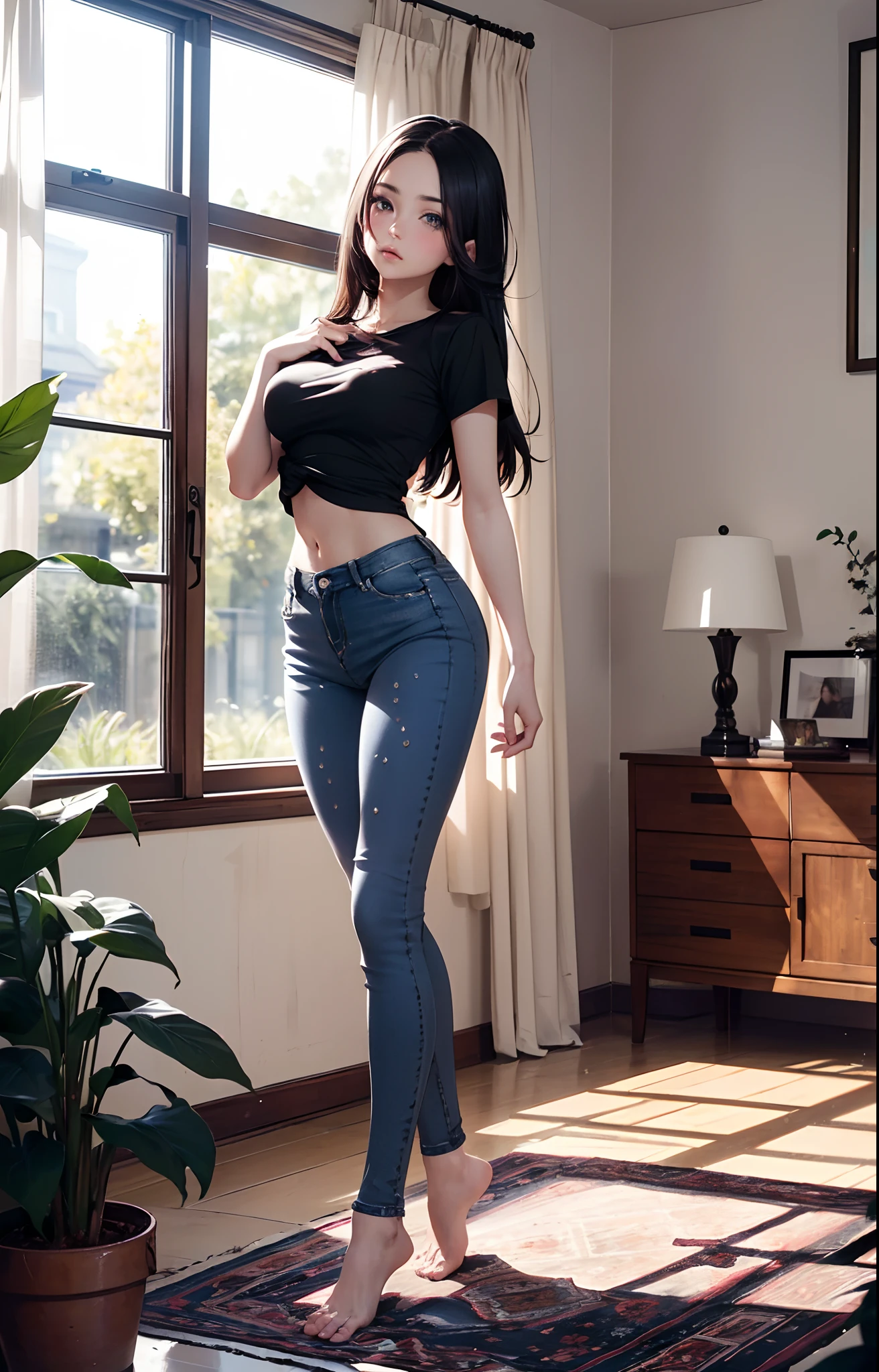 masterpiece, extremery magnificent view, perspective, extremery best quality, extremery detailed CG, 8k wallpaper, high resolution, highly detailed face, highly detailed eyes, perfect , super detailed skin, (((((peestain))))), blush, worried,
(dynamic angle, dynamic pose:1.2), indoors, living room, window and plants, (portrait, legs focus, full body), (beautiful face, beautiful eyes, beautiful legs:1.3),
1 girl, solo, (black t-shirts, skinny jeans:1.3), , black hair, long hair, smooth hair, straight hair, open forehead, parted bangs, (barefoot:1.3), brown eyes, (navel, :0.8), skinny, slender, big , thin waist