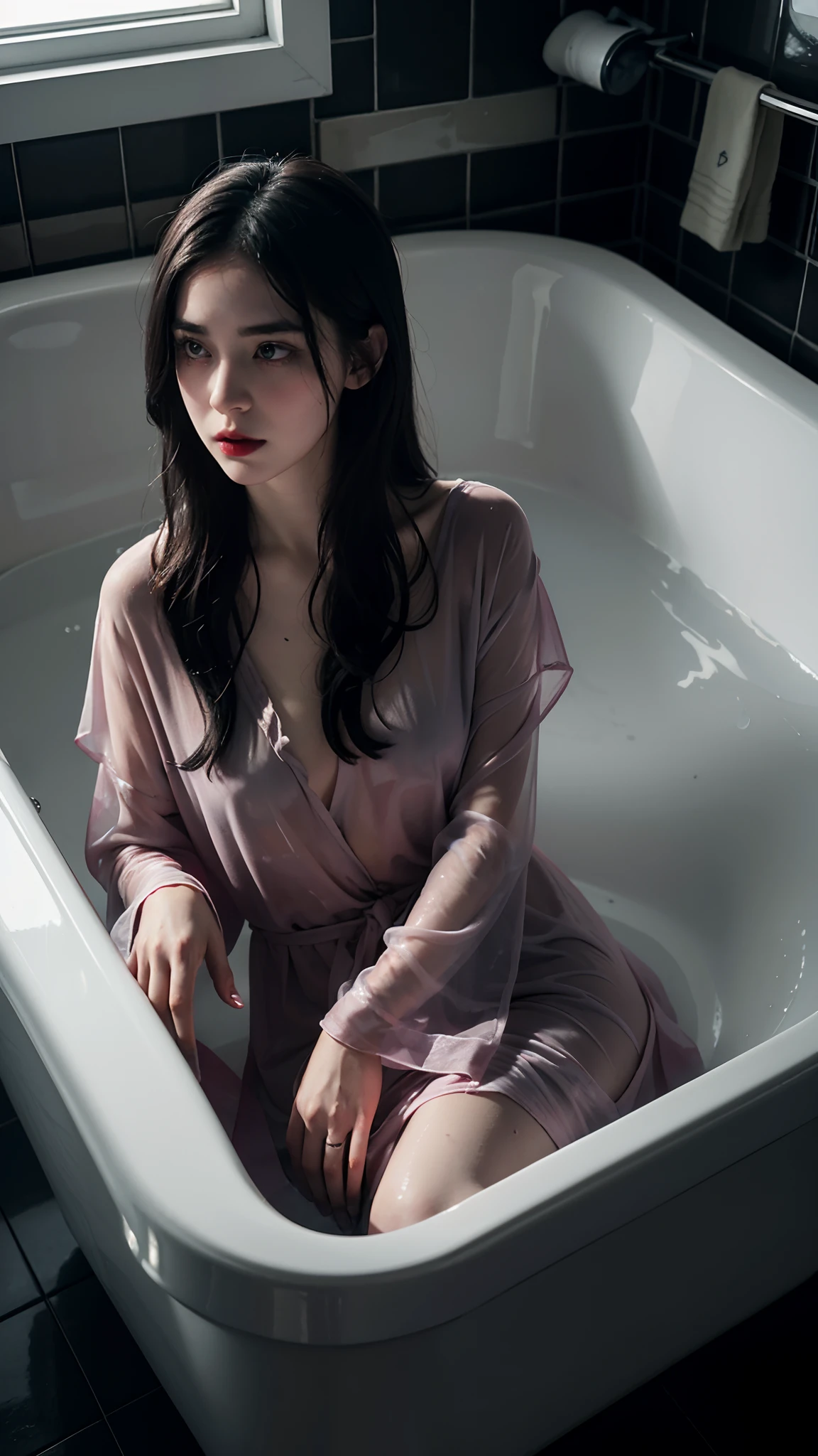 Pale ghost drowned girl (Sarah Highland) lying in a large tub with blood, in a dark dirty bathroom, Wear short  dressing gowns，The body and head are completely covered by a long  shroud, wet black hair, almond-sparkling red eyes,  expression of sadness, Tears, Red lips, Thick eyebrows, Whole body