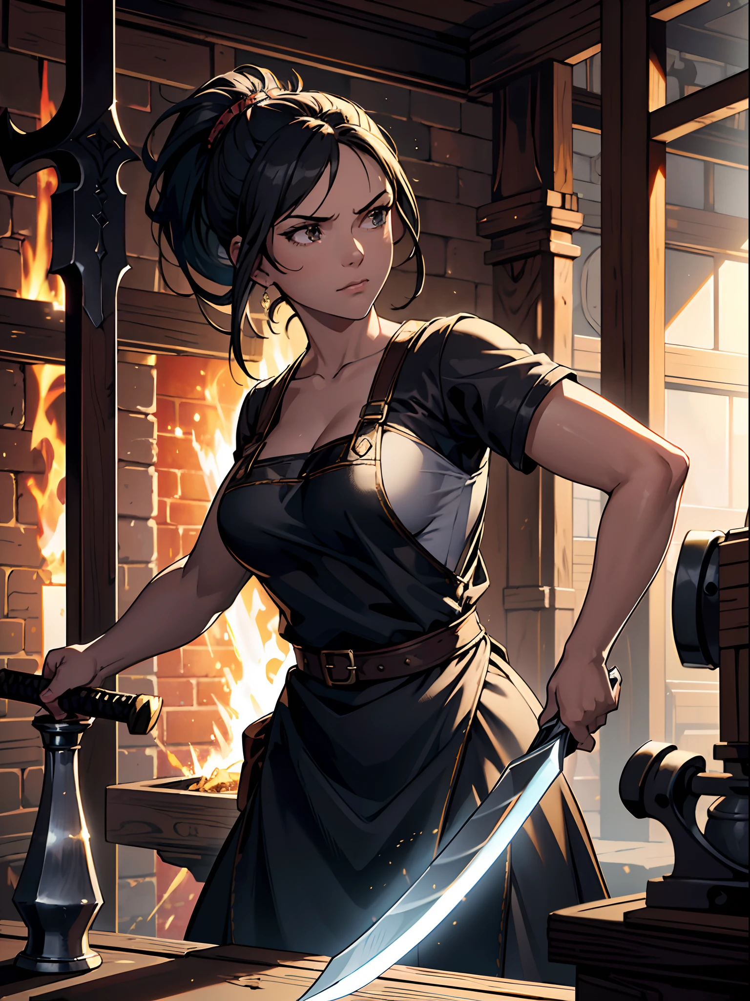 masterpiece, best quality, depth of field, HDR, intricate, absurdres, gorgeous, (detailed face), 1girl, ((blacksmith)), (forge), serious face, smiting sword on anvil, sparks, ((medium breasts)), cute, young, ponytail hairstyle, (blacksmith apron), dynamic lighting, post processing, sharp focus