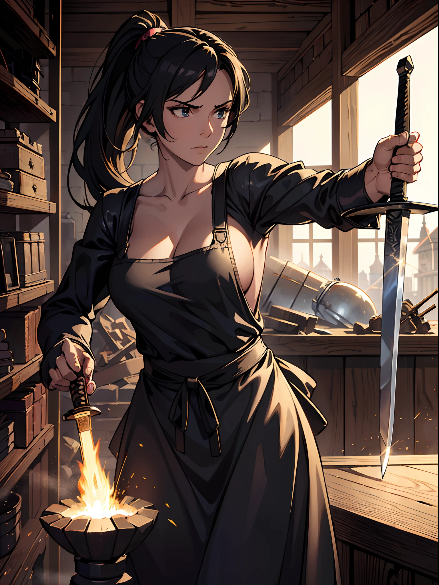 masterpiece, best quality, depth of field, HDR, intricate, absurdres, gorgeous, (detailed face), 1girl, ((blacksmith)), (forge), serious face, smiting sword on anvil, sparks, ((medium breasts)), cute, young, ponytail hairstyle, (blacksmith apron), dynamic lighting, post processing, sharp focus