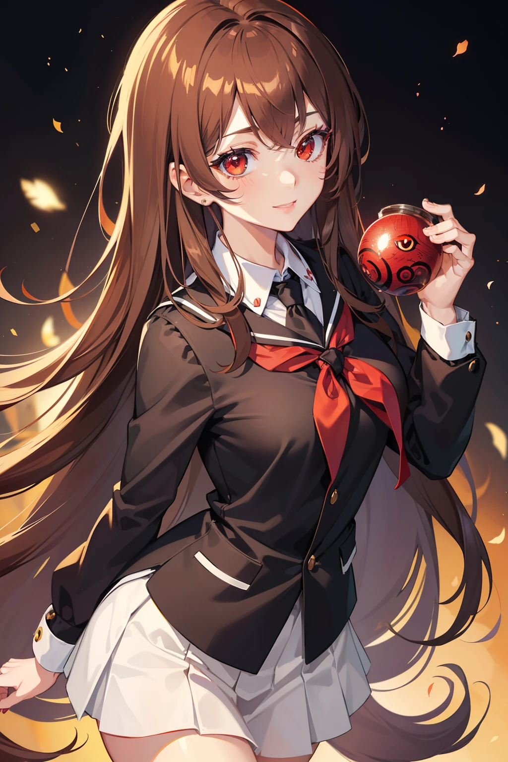 (Manga style,fulcolor),(a beauty girl,hi-school girl、Mature atmosphere),(red eyes,very large and round eyes、long eyeslashes),(Brown hair,The long-haired、Moisturized shiny hair),(A slender,Schoolgirl Uniform),(Mature smile)