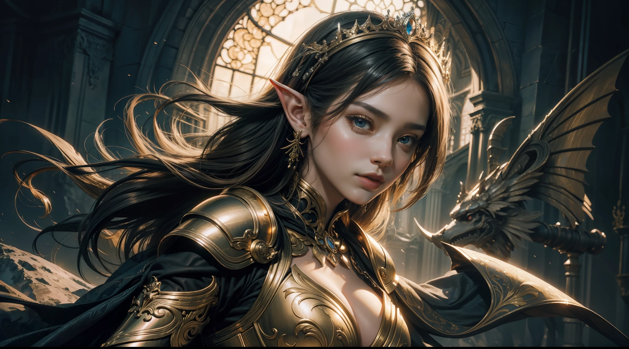 tmasterpiece，top-quality，best qualityer，offcial art，Beauty and aesthetics：1.2），（tmasterpiece：1.3）， （8K， realisticlying， RAW photos， best qualtiy： 1.4）， beauitful face， （photorealiscic face），超高分辨率， Ultra photo realsisim， highly  detailed， the golden ratio， （Award-winning digital artwork：1.3） af （sketching：1.3），（with dynamism：1.3），（Saturation：1.3），（Close portrait：1.3），illusory engine， (High detail: 1.9)，（femele：1.4），（big breasts beautiful： 1.4),(carismatic:1.3)，Female elf，Large breasts，upperbody shots，dramatics，Armour，The background is the castle，
