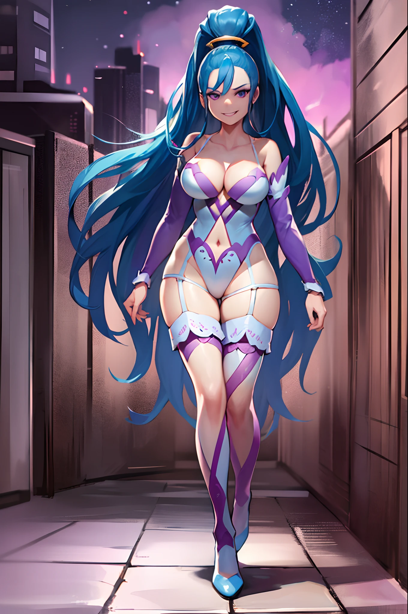 masterpiece, best quality, highres, 1girl, solo, long hair, high ponytail, blue hair, purple eyes, large breasts, collarbone, cleavage, leotard, detached sleeves, navel cutout, garter straps, ruins, night,, evil grin, walking, cowboy shot,full body