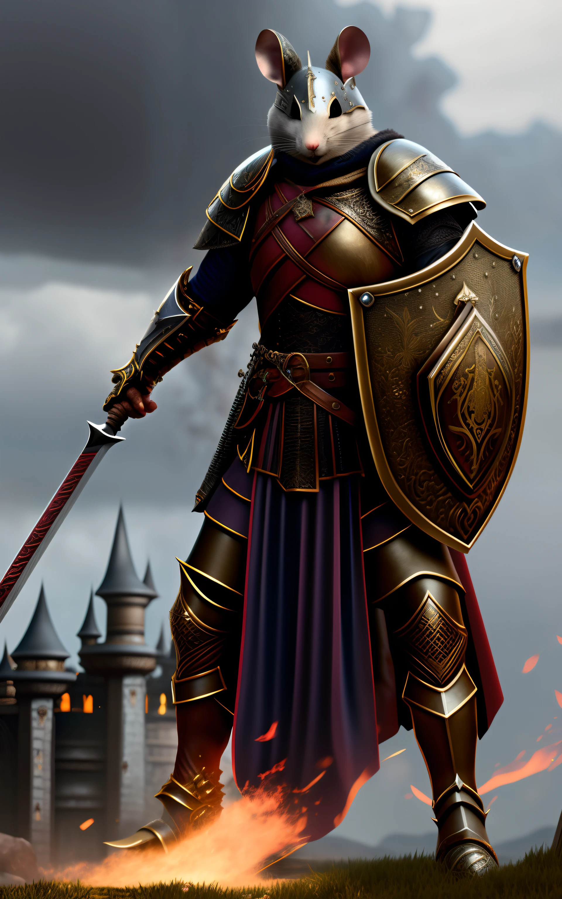 There is a mouse that is dressed in armor and holding a sword, high detail iconic character, strong fantasy knight, fantasy knight, hyperdetailed fantasy character, detailed fantasy armor, fantasy paladin, armadura detallada, fantasy warrior in full armor, Arte de juego ultra detallado, Armadura altamente detallada, High resolution and detail, male paladin, super detailed render, 4 k detail fantasy