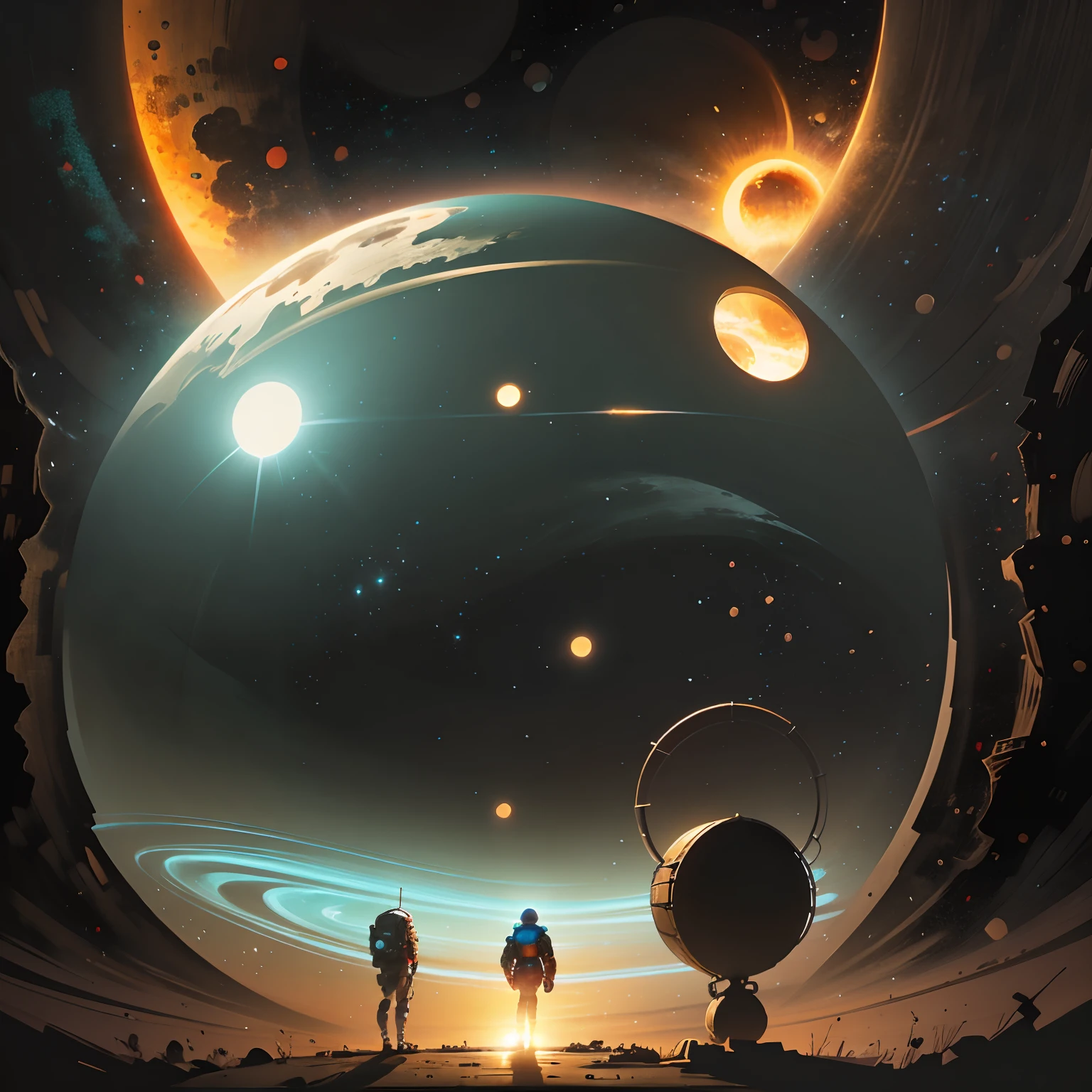 a man standing in front of a space portal with a view of the sun, cyril rolando and goro fujita, portal to another universe, inspired by Cyril Rolando, portal to another dimension, world seen only through a portal, high quality fantasy stock photo, portal to another world, portal to outer space, in style of cyril rolando, looking out into dark space