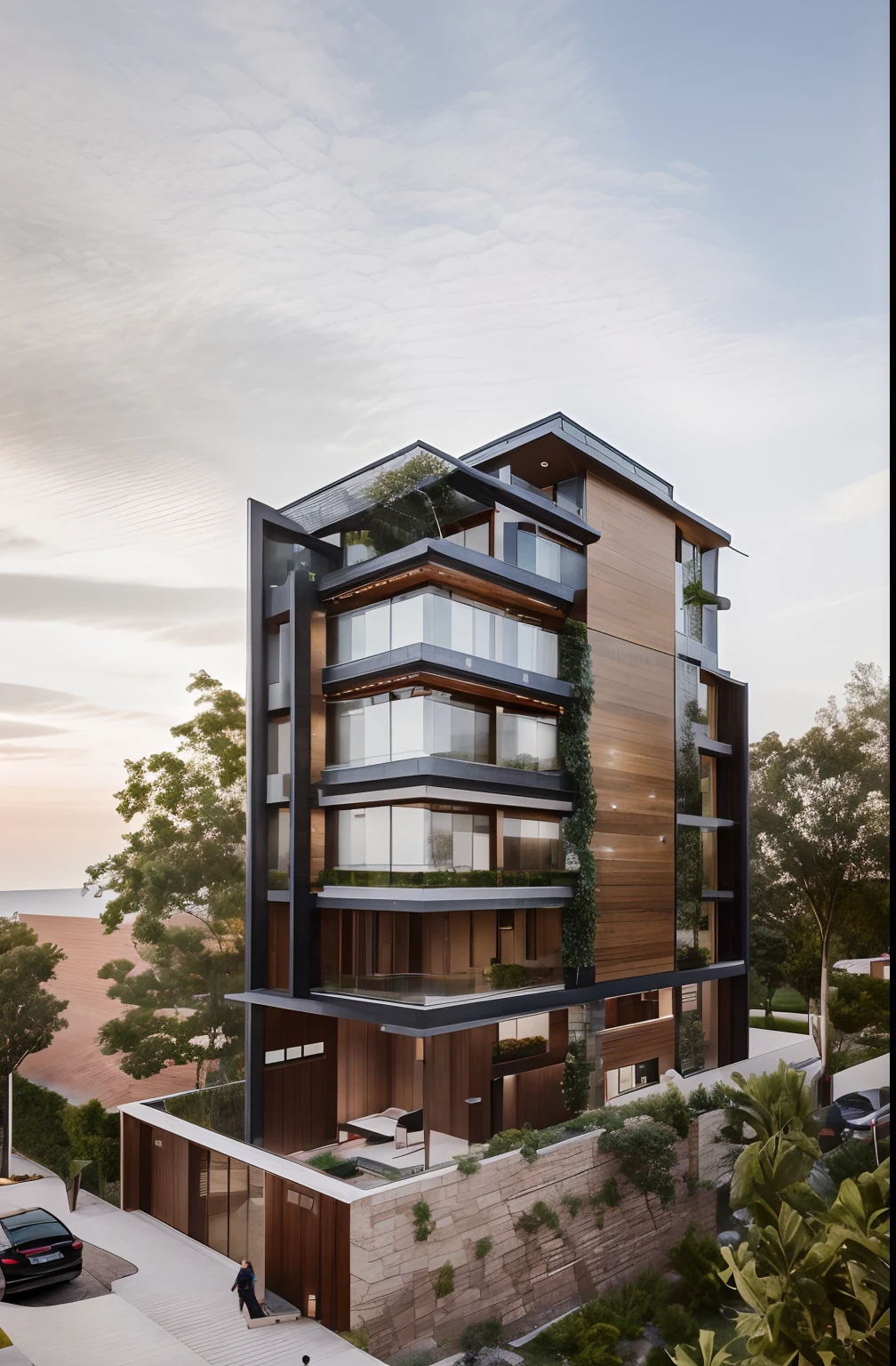 modernvilla, mabuilding, front, architecture, brick and metal, photo of a house, architecture, beautiful, masterpiece, best quality, super detailed, realistic, photorealistic, 8k, sharp focus