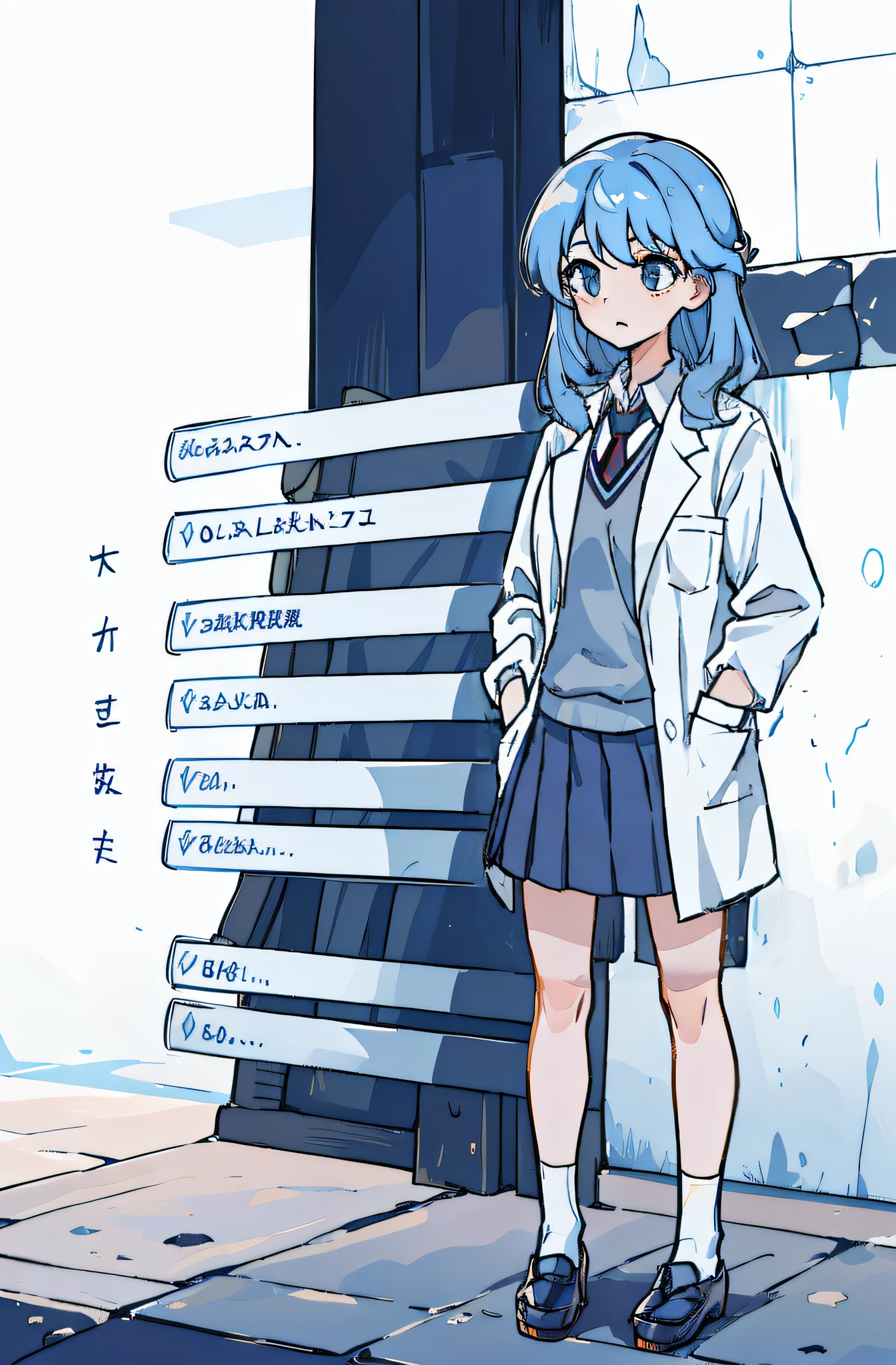 1 girl, look far away:1.4、full body, total body:1.4, standing, upright stance、top-quality、8k、​masterpiece、超A high resolution、Blue hair that grows to the shoulders、(hair wavy)、Put your hands in your pockets、Hakase(daily)、wearing lab coat、Fasten a light blue tie、Wearing a shirt under a lab coat,((She wears a navy blue skirt and inseam-down socks.)), skinny legs、10 generations、Dark circles in the eyes,Serious,