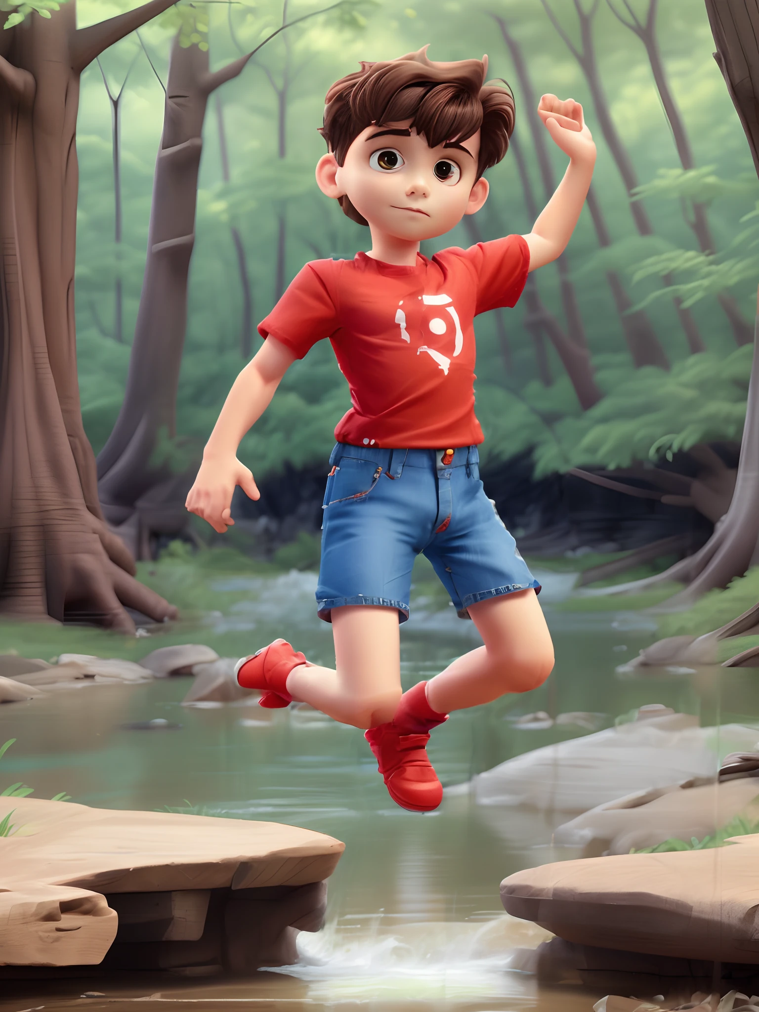 young boy jumping over a river in the woods BREAK red t-shirt BREAK denim shorts