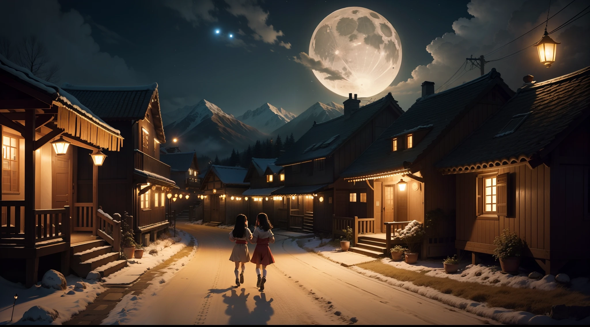 At night, there is a bright moon hanging in the sky, a small village surrounded by mountains, every house is lit up, lanterns are hung outside, there is a path in the middle of the village, and there are two children running on the road with lanterns, with happy smiles on their faces, anime