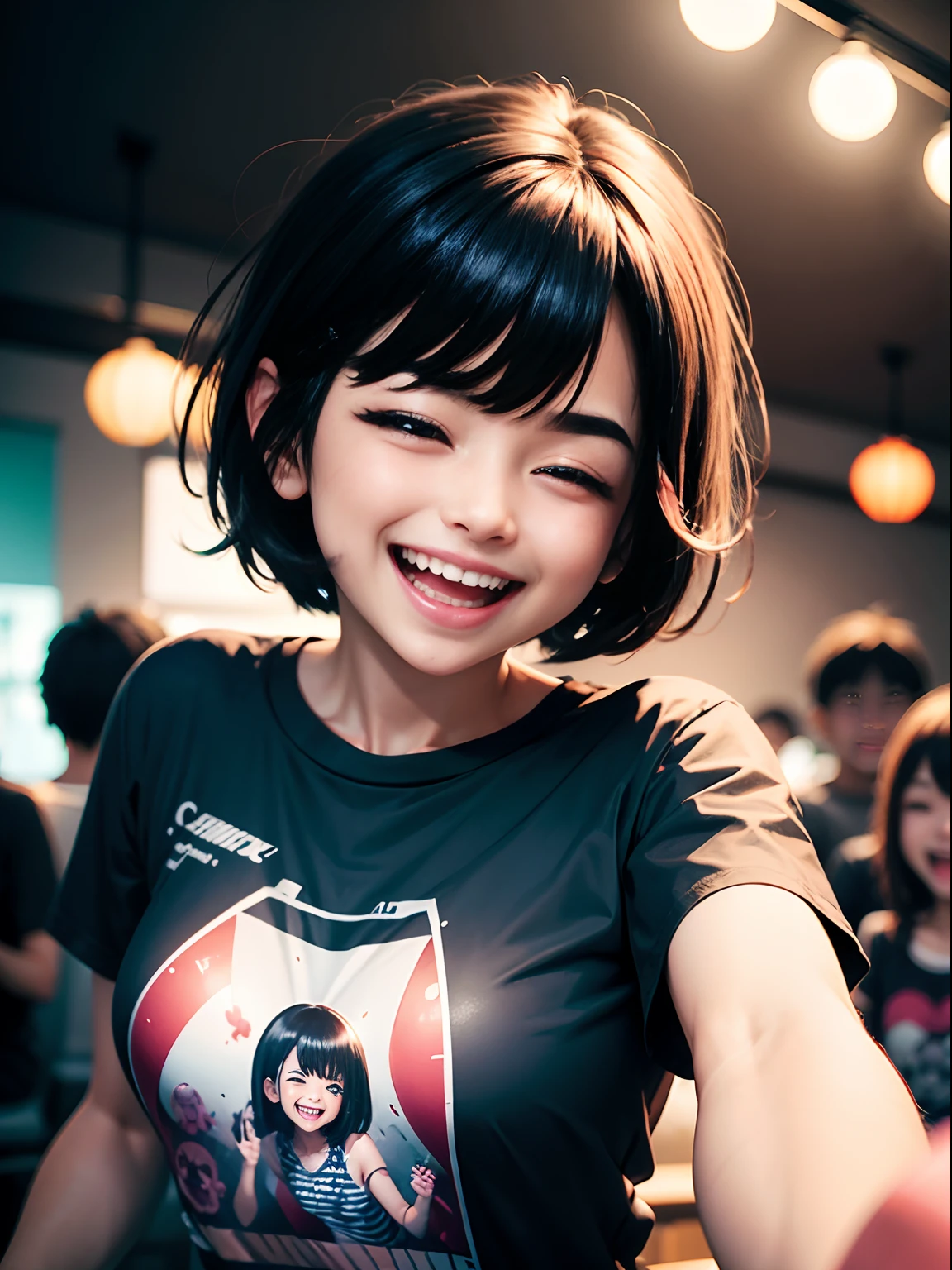 (((Laughing)))、Reaching the climax:1.３,one girls, short-cut、masutepiece、Bottoms are randomly generated、（ Skeleton illustration printed shirt ）、Dark hair、GI Cut、Background bokeh:1.5