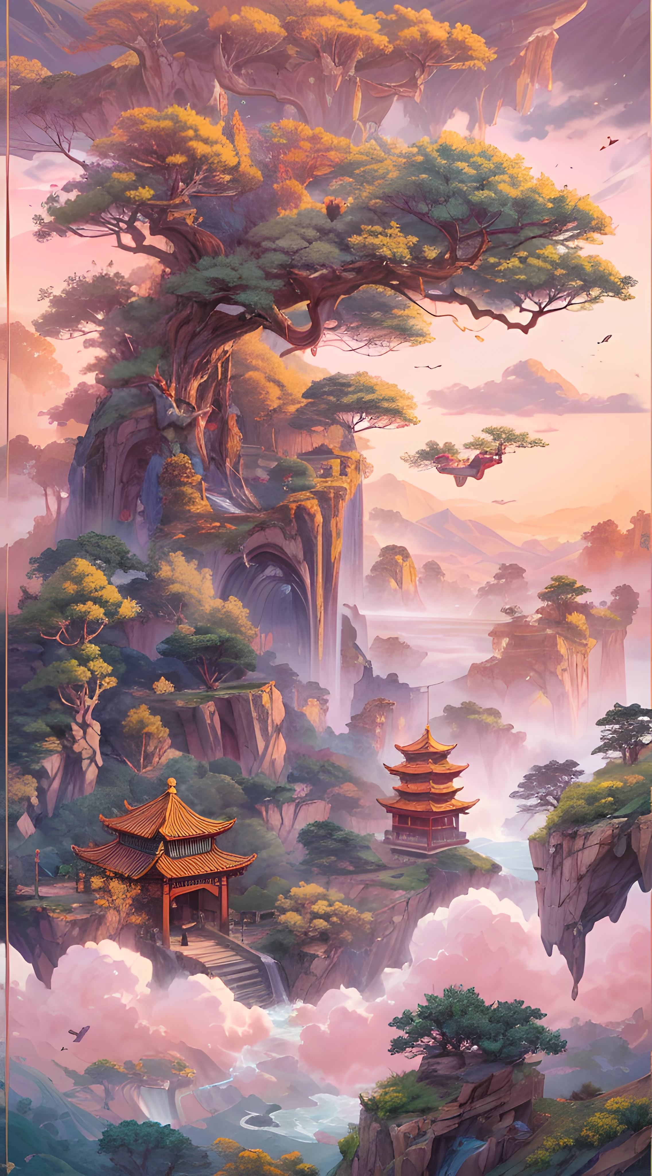 8k masterpiece, best quality:1.2, (–aspect 3:2) (–quality 1.5) (–chaos 50) A whimsical and nostalgic scene unfolds as the iconic Monkey character from the 70's TV show takes flight on his pink cloud, soaring gracefully over the vast and picturesque Chinese landscape. The atmosphere is bathed in the soft glow of a golden-hour sunset, casting warm and vibrant hues across the terrain.Monkey is portrayed in intricate detail, his fur rendered with a texture that captures both its softness and vibrancy. His eyes gleam with mischief and adventure as he clutches his trusted staff, which glistens with a mystical aura. His pink cloud is depicted as a fluffy, ethereal mass, translucent in parts, with hints of iridescent pinks and purples that create a dreamlike quality.The Chinese landscape below is a tapestry of lush green mountains, meandering rivers, and quaint villages nestled among rolling hills. The level of detail in the landscape captures the intricacies of nature, with textures and colors that vary from the verdant forests to the rocky cliffs.The atmospheric conditions enhance the sense of wonder, with a gentle breeze ruffling Monkey's fur and wisps of cloud trailing behind his flight. The distant horizon is shrouded in a soft mist, adding depth and mystery to the scene.Style-wise, this artwork blends realism with a touch of fantasy, capturing both the nostalgic essence of the TV show and the enchantment of traditional Chinese landscapes. The composition emphasizes the sense of freedom and adventure as Monkey embarks on another whimsical journey.This prompt includes all relevant aspects to create a highly detailed and visually captivating image of Monkey from the 70's TV show flying on his pink cloud over the Chinese landscape, holding his trusted staff. (ethereal:1.2), (sub-surface scattering:1.2), (cg work:1.2), octane render, 3d work