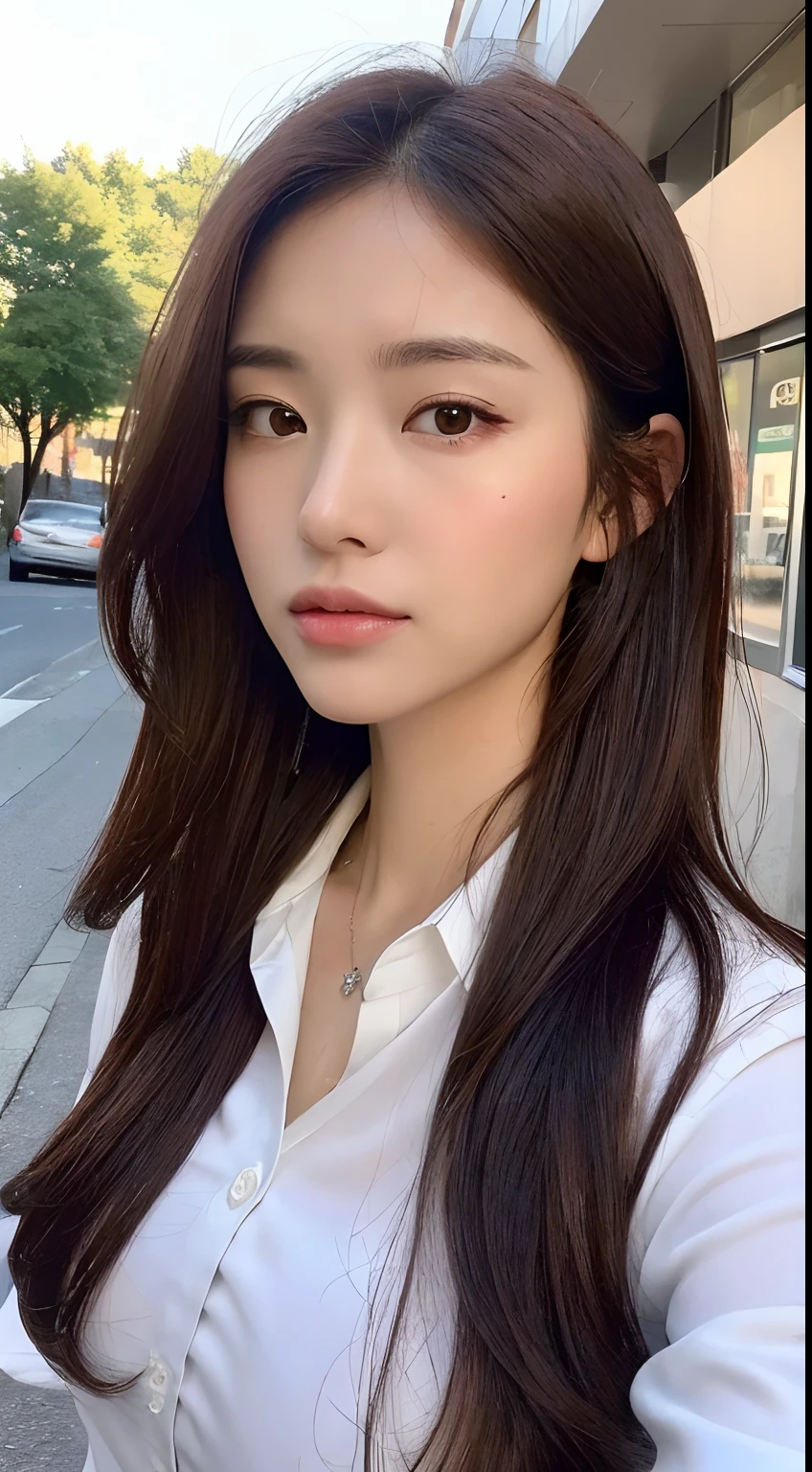 ((top-quality、8k、​masterpiece：1.3))、Crisp focus：1.2、Beautiful Women in Perfect Style：1.4、Slender abs：1.2、((Dark brown hair、huge tit：1.2))、(White button-up long shirt:1.1)、Street:1.2、Highly detailed facial and skin texture、dual、