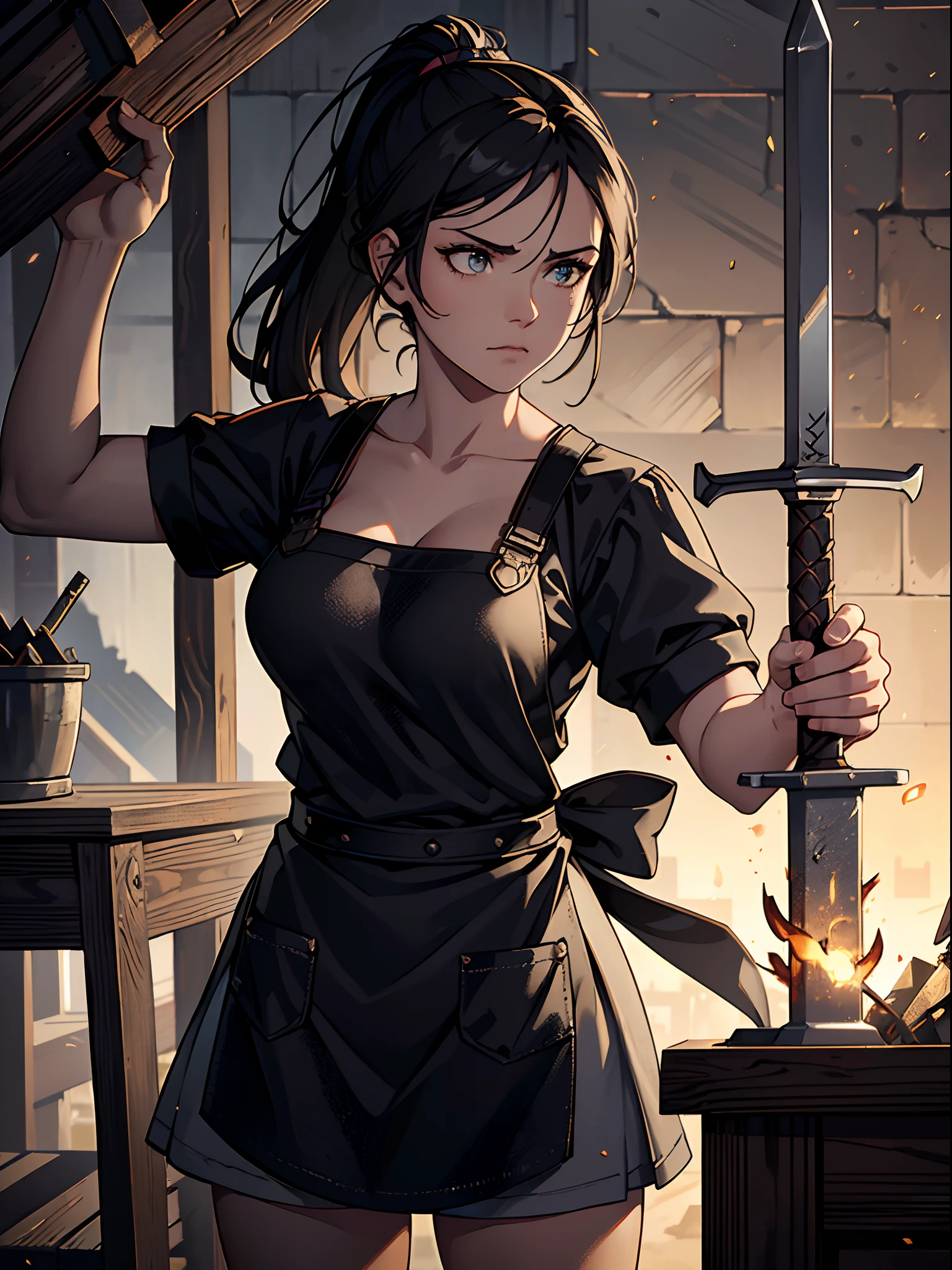 masterpiece, best quality, depth of field, HDR, intricate, absurdres, gorgeous, (detailed face), 1girl, ((blacksmith)), (forge), serious face, smiting sword on anvil, sparks, ((medium breasts)), cute, young, ponytail hairstyle, (blacksmith apron), dynamic lighting, post processing, sharp focus