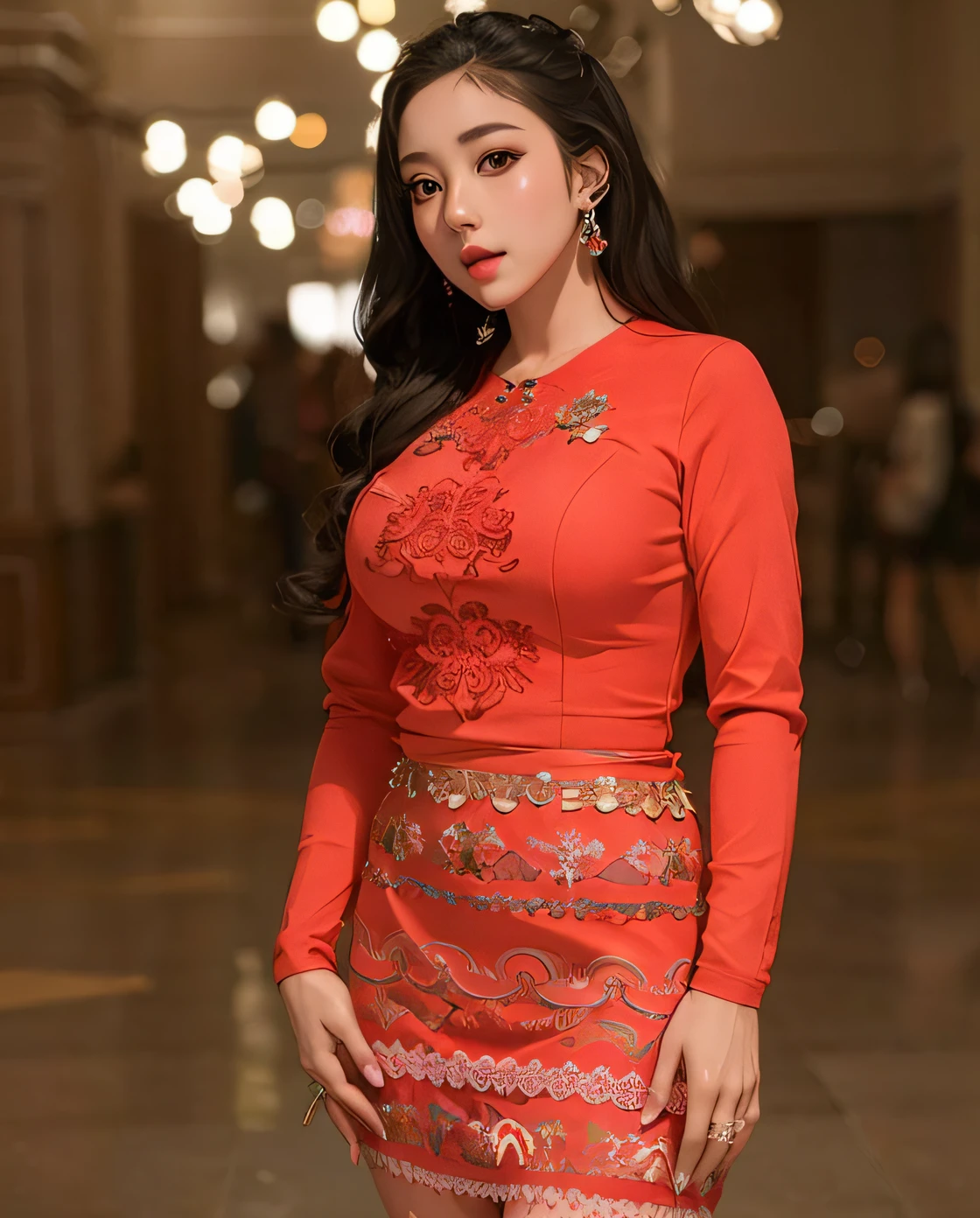 Half body portrait,4k , pale skin asian(Korean+Burmese )mixed girl , wearing red acmm's outfit, wearing top , red top , long sleeves, wearing acmm long skirt, red long skirt, printed skirt