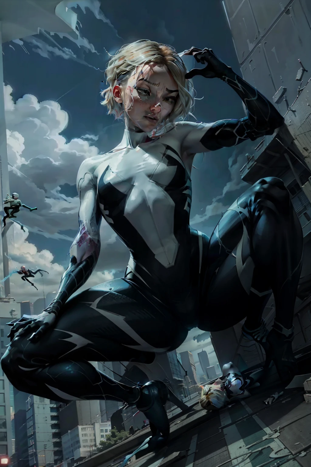 Venom grabbing Gwen Stacy on top of a building