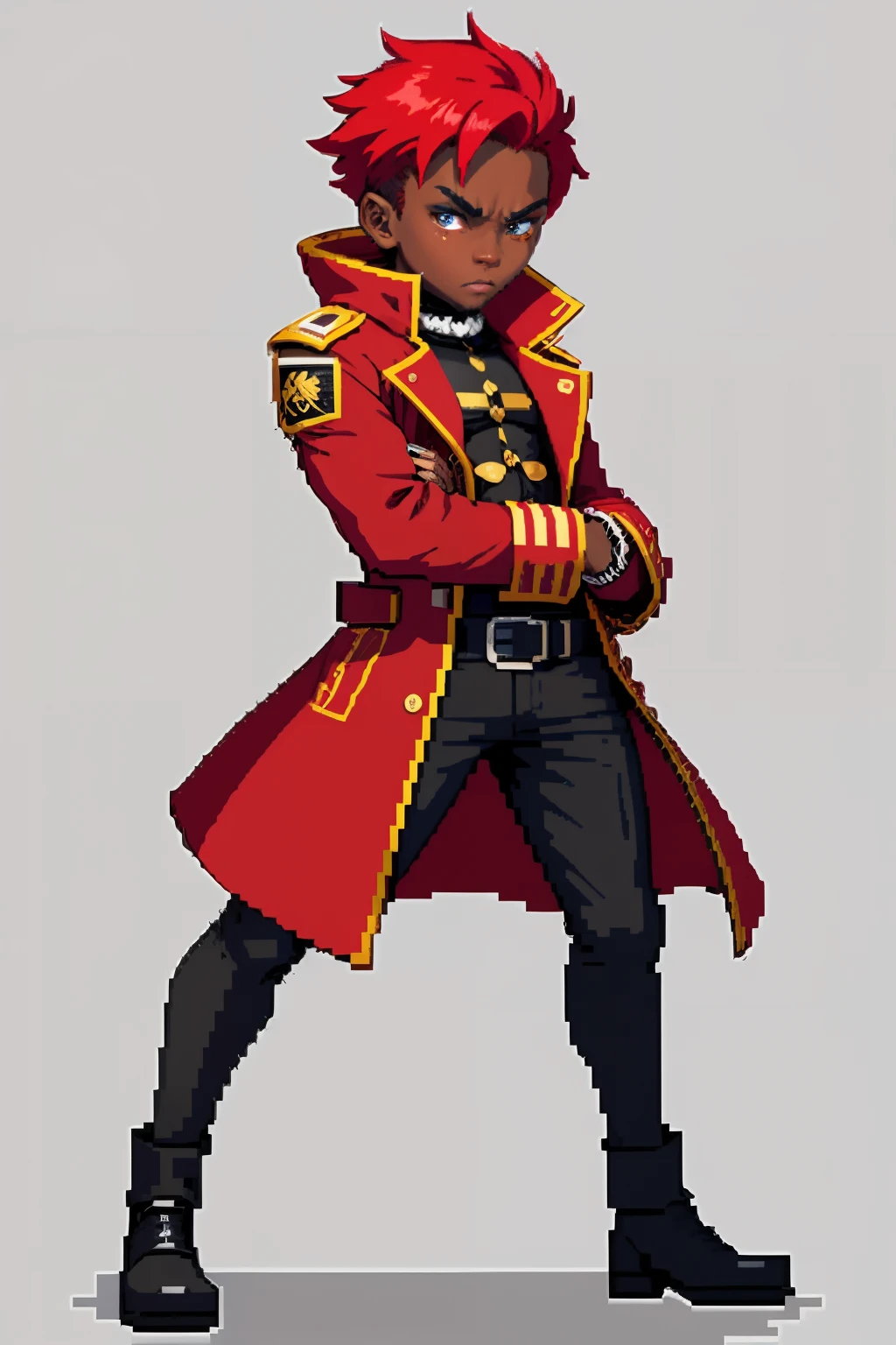 (Masterpiece), top quality, best quality), pixel, pixel art,20 yrs. boy, full body, long red coat, black skin, one eye color red, red color hair, short hair, angry face, male, black