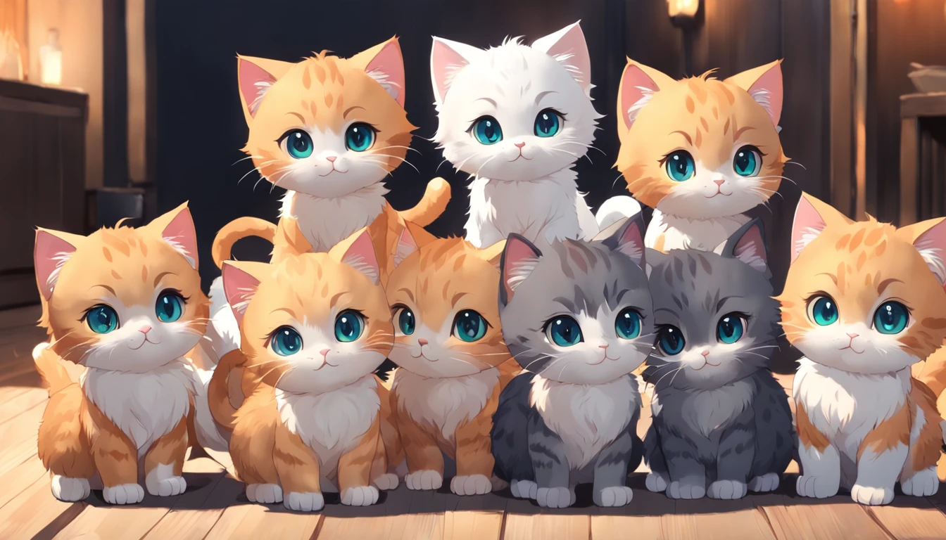 Several cute kittens of different colors stand in a row, Each kitten holds a small paw, As if beckoning wealth, adorable digital art, Cute cat, Kawaii cat, Cute cartoon character, Detailed digital art, cute cat photo, Complex details, a 3D render, blender, OC renderer, High details, 8K, Studio lighting