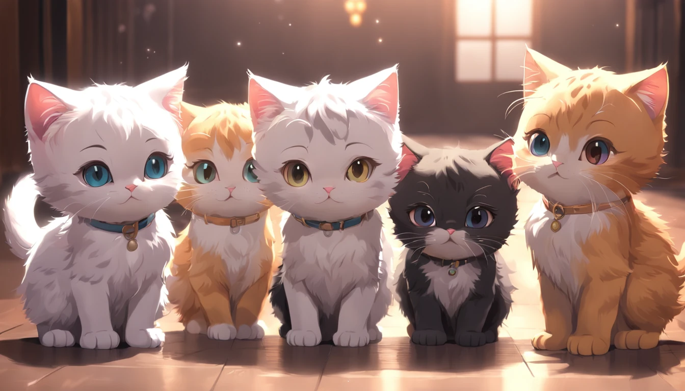 Several cute kittens of different colors stand in a row, Each kitten holds a small paw, As if beckoning wealth, adorable digital art, Cute cat, Kawaii cat, Cute cartoon character, Detailed digital art, cute cat photo, Complex details, a 3D render, blender, OC renderer, High details, 8K, Studio lighting