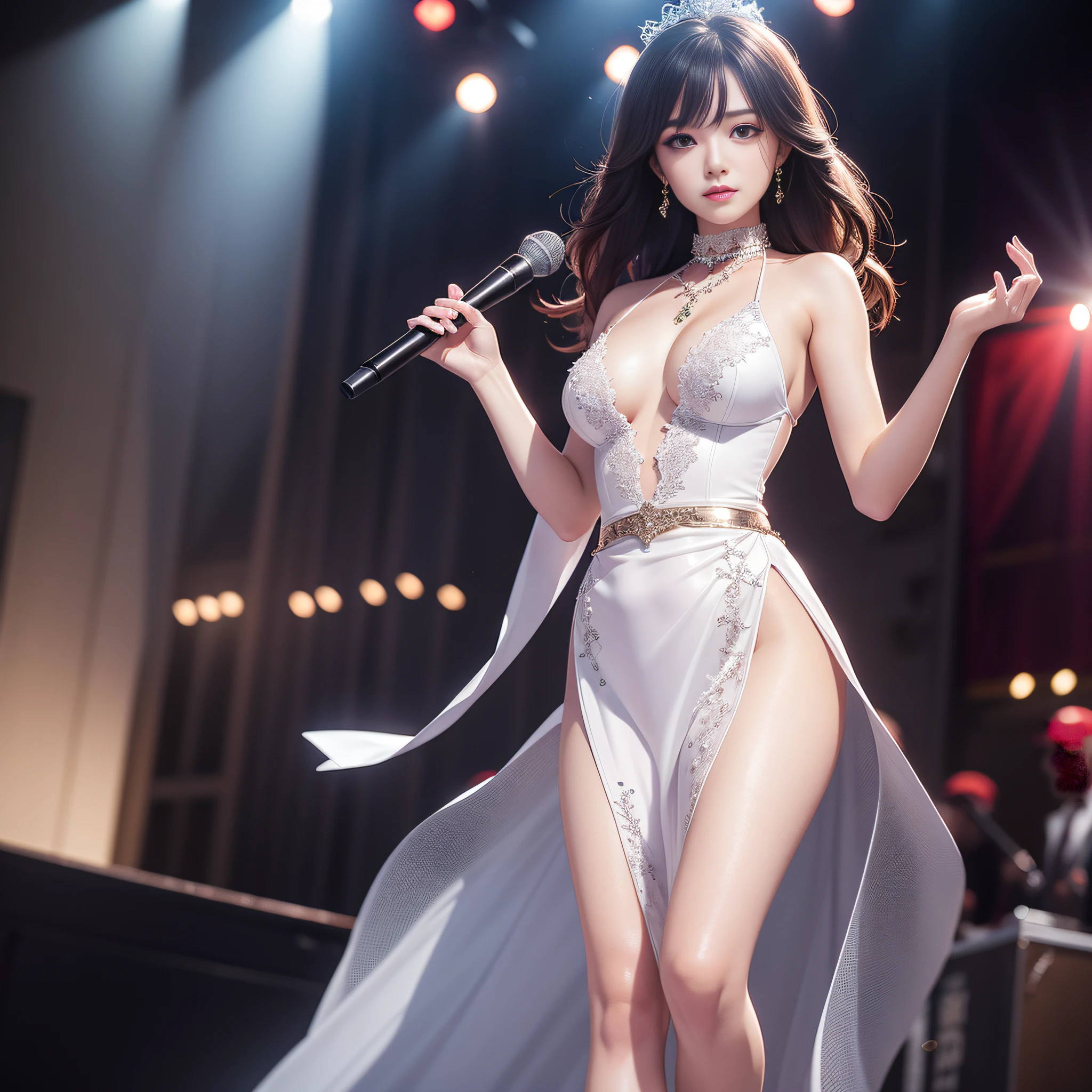tmasterpiece,A high resolution,8K,CG animation,A woman stands on stage,In the introduction of goods