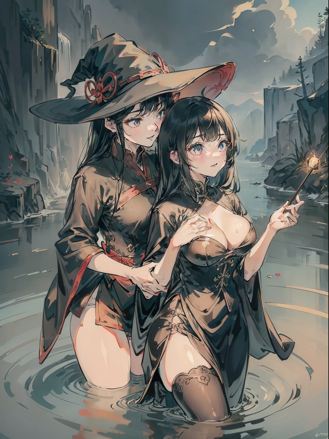 A witch with a hat and a broom on her head, Guviz, seductive anime girls, Guweiz in Pixiv ArtStation, black-haired mage, Guweiz on ArtStation Pixiv, trending on artstation pixiv, zerochan art, author：Shitao, with straw hat, flirty anime witch casting magic, rossdraws 2. 5，2 girls，Witches，Witch hat，Student uniform，Formal attire，pupils，Witch School Student，JK school uniform，Witch costume，Witch coat，Wrap the shirt，Conservative shirts，The packaging is tight，The packaging is tight，pleatedskirt，Bright colors，Magic background，lesbian，French kiss，Wet kiss，French kiss，face to face，hugs，cuddle，Close contacts，Fit snugly together，Side Body，Kiss，tongue kissing，Lovers，stroking each other，matching hairstyle，Match poses，desire big breasts，squelch，Body overlap，squishing，Love，Love each other，Matching decoration，Sexy pose，lacepantyhose，Pantyhose wrapped around the hips，Silk clothes wrapped in full leather，tightsuit，Bright colors，Showy expressions，black pantyhoses，White panty hose，ornate garment，Gorgeous hats，Gorgeous hairstyle，Gorgeous background，Magical powers，lady，carismatic，Beautiful girl，Woman，milf，Intimate contact，sigh，heav breathing，love heart，inquisitive，mature，mistic，dignified，The top wraps around the chest，The top is very safe，The top is very tight，The top is very tight，The top is very conservative，Perfect anime illustration, 2girls, Dark gray hair, Curly hair, matching hairstyle, browneyes, inquisitive，curiosity，Pleasure, ((matching outfits, shirt in uniform，Uniform skirt，Leather booties)), matching hairstyle, Fantastic stylistic foundation，cross legs，Lady，Dark blue pantyhose，black pantyhoses, A high resolution, full bodyesbian, Pose， （（（tmasterpiece），（Very detailed CG unity 8K wallpaper），best qualtiy，，cinmatic lighting，detailed back ground，beatiful detailed eyes，Bright pupils，（Very fine and beautiful），（Beautiful and detailed eye description），ultra - detailed，tmasterpiece，）），witch，Witch hat，Dragon's horn，watery，Wet， Bright colors，Pantyhose wrapped around the hips，Bright colo