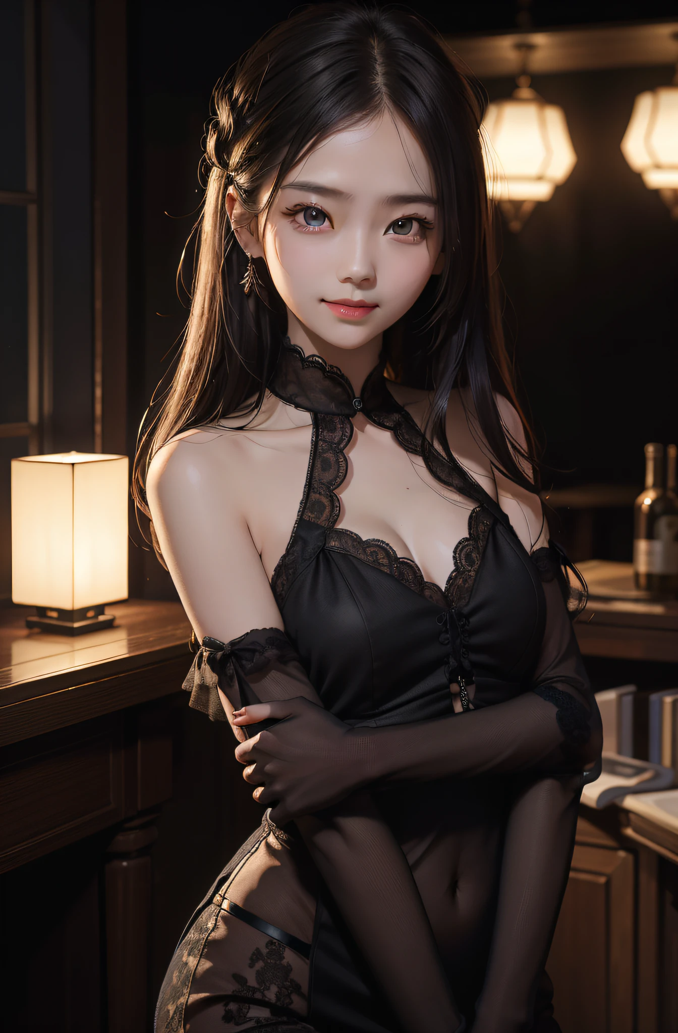 best qualtiy,tmasterpiece,超高分辨率,(真实感:1.4),RAW photogr,1girll,cropped shoulders,in the darkness nigth,deep shading,low tune,cold light,Square face with charming eyes,A sweet smile,Dressed in black lace