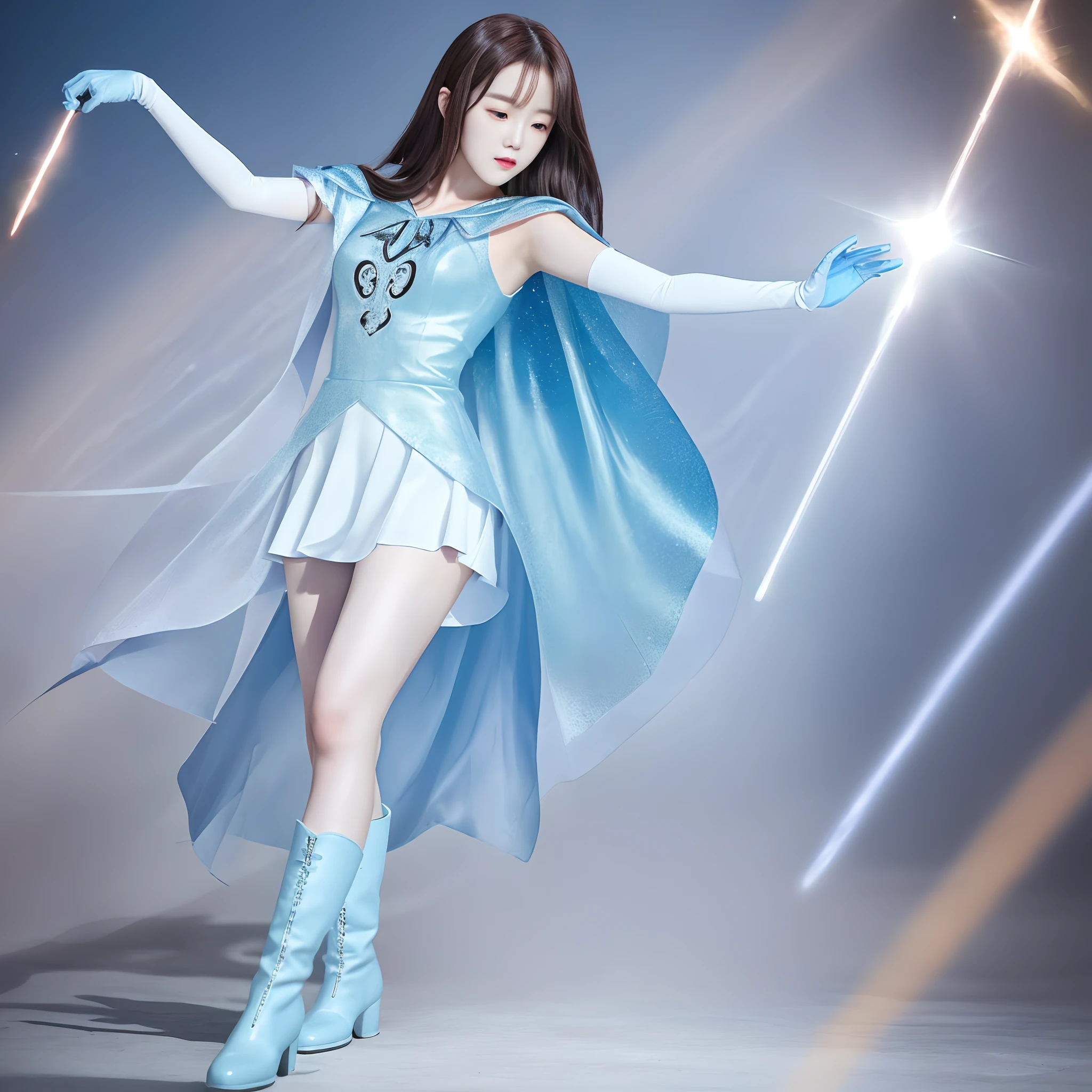 High-end CG Korean girl Irene sparkle special effects transformed into a uniform，Dressed in delicate musical symbols，White cape blue gloves boots+Wand Music Girl，The whole body emits a mysterious light，Superhuman strength，，soio，Realistic superpower special effects 100%Music Symbol Effects Full body shot