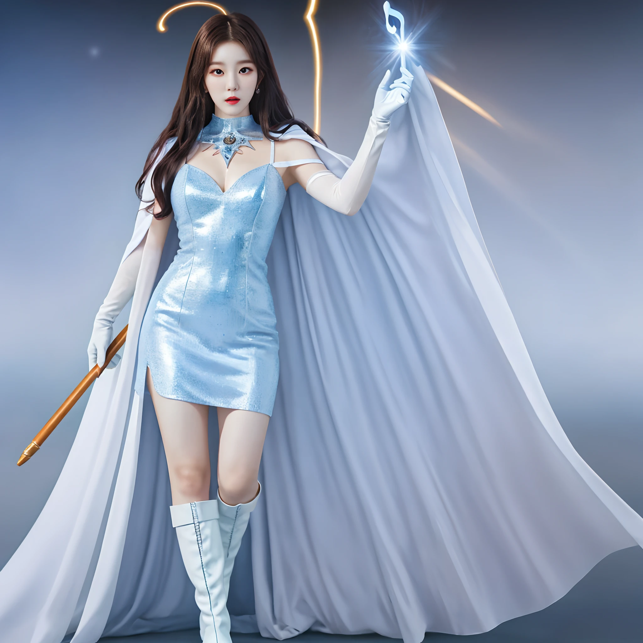 High-end CG Korean girl Irene sparkle special effects transformed into a uniform，Dressed in delicate musical symbols，White cape blue gloves boots+Wand Music Girl，The whole body emits a mysterious light，Superhuman strength，，soio，Realistic superpower special effects 100%Music Symbol Effects Full body shot