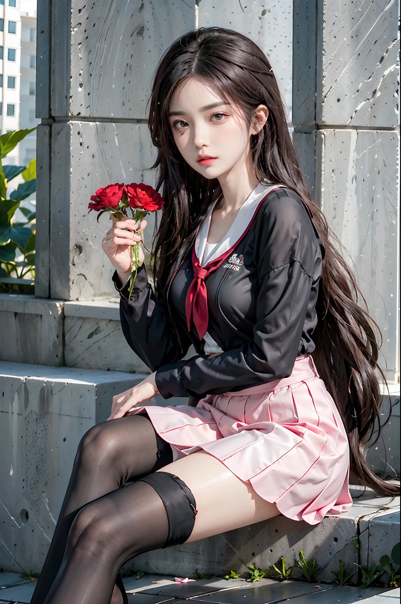camellia, flower, red_flower, red_rose, rose, katana, 1girl, pink_rose, pink_flower, spider_lily, shoes, long_hair, school_uniform, serafuku, sheath, skirt, solo, sheathed, vase, looking_at_viewer, sitting, orange_flower, pleated_skirt, rose_petals, black_shirt, black_legwear, black_skirt, hibiscus, very_long_hair, parted_lips, loafers, sailor_collar, black_hair, neckerchief