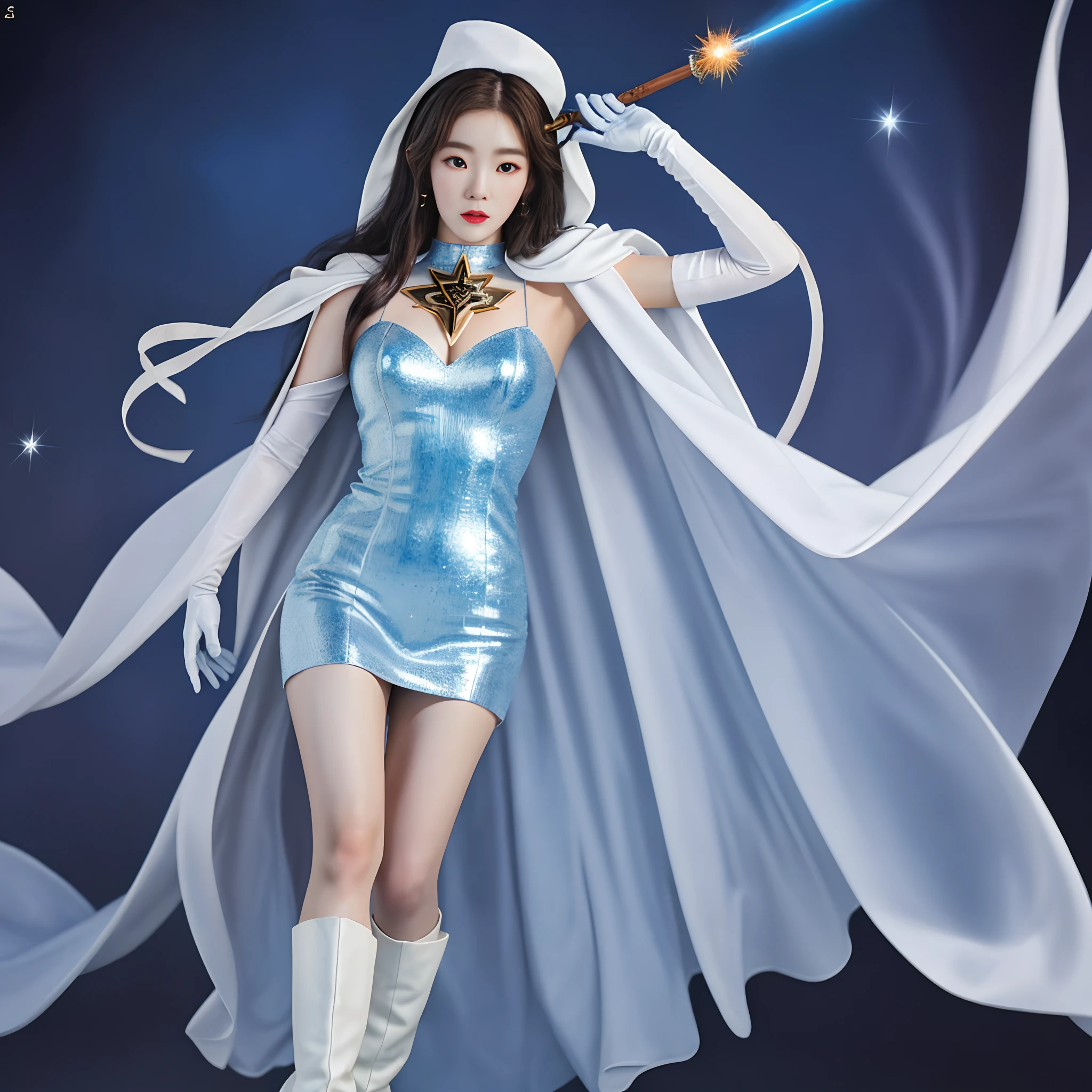 High-end CG Korean girl Irene sparkle special effects transformed into a uniform,Dressed in delicate musical symbols,White cape blue gloves boots+Wand Music Girl,The whole body emits a mysterious light,Superhuman strength,,soio,Realistic superpower special effects 100%Music Symbol Effects Full body shot