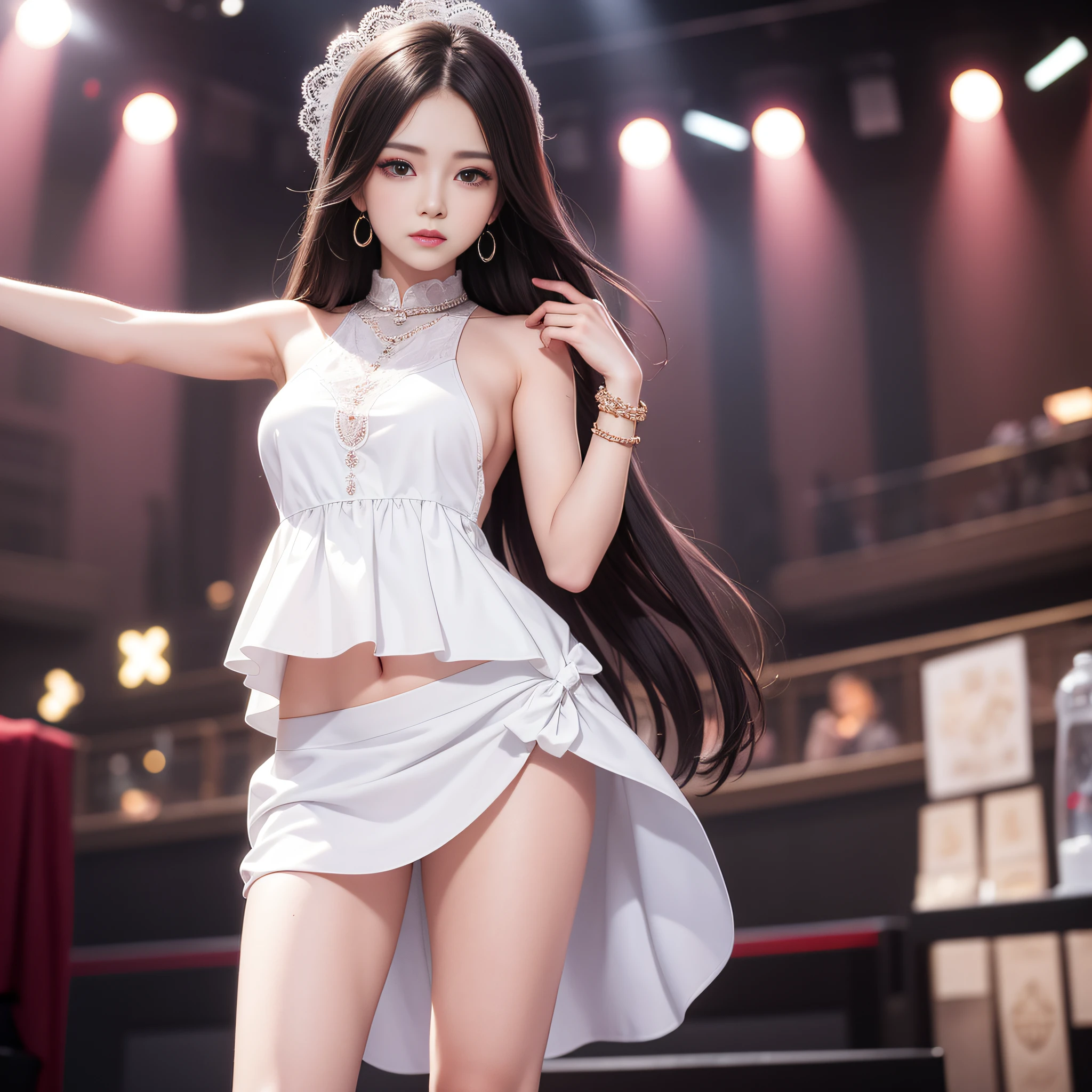 tmasterpiece,A high resolution,8K,CG animation,A woman stands on stage,In the introduction of goods