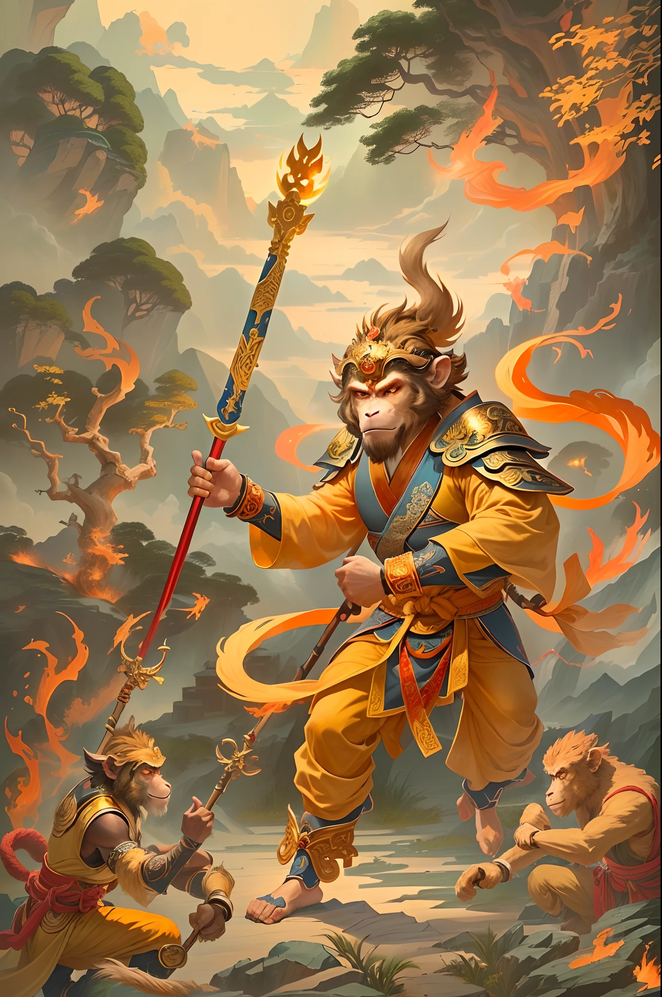 Anthropomorphic male monkey man with golden hoop stick in his hand, Sun Wukong, Wukong, fighting Buddha, normal hands, flame clouds under his feet, fire eyes golden eyes bright and brave, very beautiful anthropomorphic monkey, fighting stance, Guan Yu, inspired by Huang Shen, inspired by Hu Zaobin, inspired by Yang Jin, legendary god holding a spear, by Yang J, Bian Lian, Sun Wukong, inspired by Li Kan, Cheng Wei Pan on Artstation