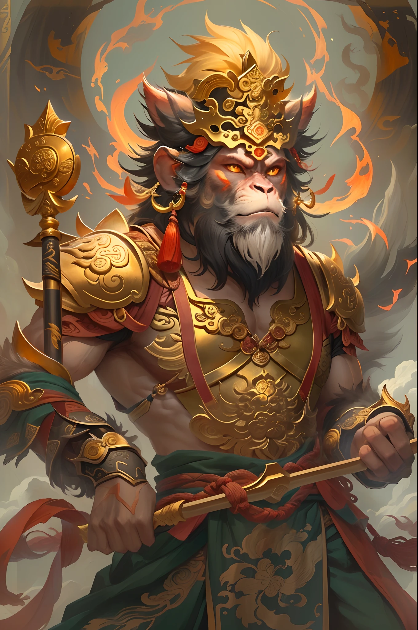 Anthropomorphic male monkey man with golden hoop stick in his hand, Sun Wukong, Wukong, fighting Buddha, normal hands, flame clouds under his feet, fire eyes golden eyes bright and brave, very beautiful anthropomorphic monkey, fighting stance, Guan Yu, inspired by Huang Shen, inspired by Hu Zaobin, inspired by Yang Jin, legendary god holding a spear, by Yang J, Bian Lian, Sun Wukong, inspired by Li Kan, Cheng Wei Pan on Artstation