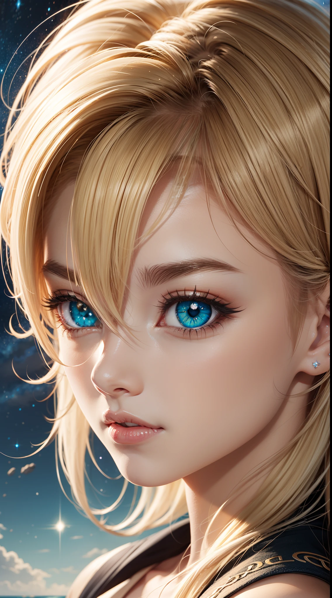 16k anime illustration quality,messy blond hair, Red-blue oversized eyes,Gradient eyes are like a sea of stars,Detailed description of heterochromia,Asymmetrical face shape,The corners of the mouth are slightly upturned