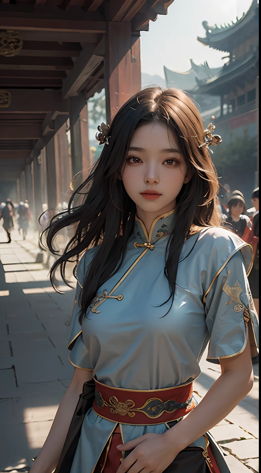 one-girl, Ancient Chinese clothing, full bodyesbian, rays of sunshine, Clear face, Ancient Chinese battlefield background,Deep background, tmasterpiece, super detailing, Epic composition, hyper HD, high qulity, extremely detaile, offcial art, Uniform 8K wallpaper, super detailing, 32K