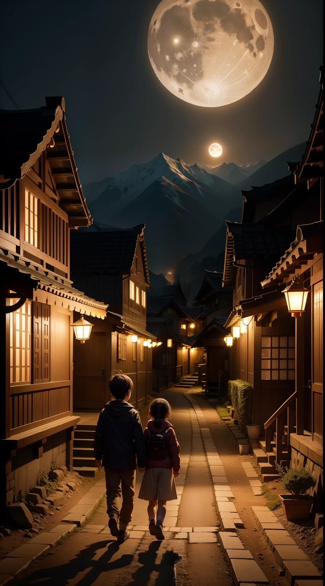 At night, There is a bright moon hanging in the sky。, Small village surrounded by mountains, Every house is lit up, Lanterns hang outside, There is a path in the middle of the village, There are also two children running on the road with lanterns, A happy smile on his face, anime big breast