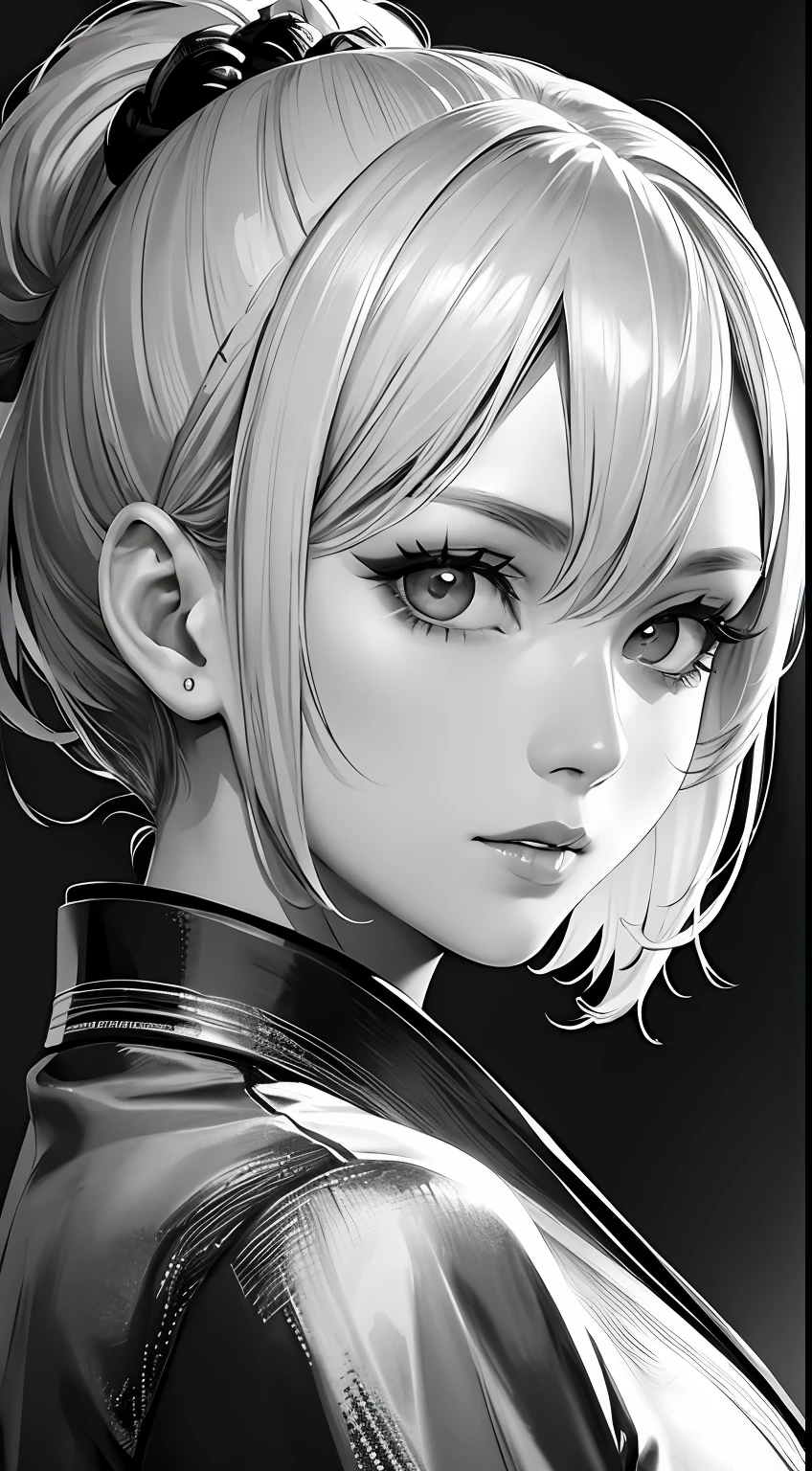 tmasterpiece、top-quality、A high resolution、High-quality images、8K、1womanl、detaileds、Detailed eye depiction、gloss on the skin、Short shiny silver hair、Monochrome grayscale、Nomiya、porate、Chinese martial arts、