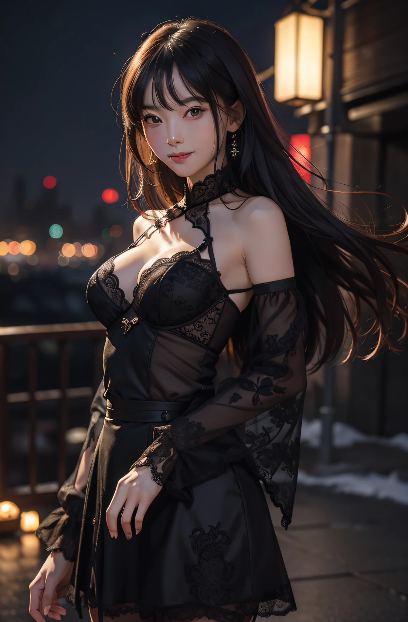 best qualtiy，tmasterpiece，超高分辨率，（真实感：1.4），RAW photogr，1girll，cropped shoulders，in the darkness nigth，deep shading，low tune，cold light，Square face with charming eyes，A sweet smile，Dressed in black lace