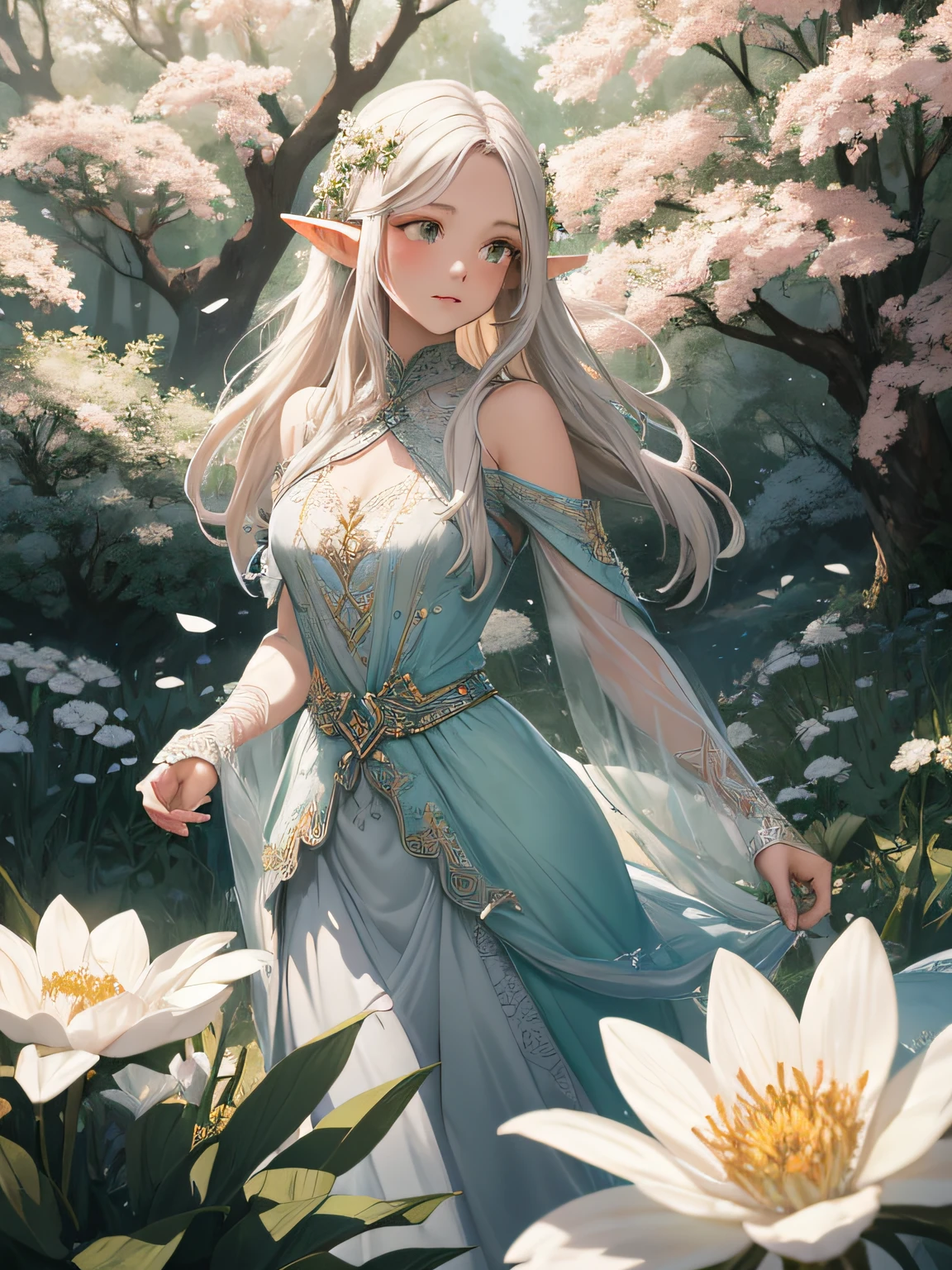 Create a captivating digital painting that showcases an elf adventurer walking through a field of white flowers from an aerial perspective. The camera angle should be positioned high above the scene, looking down upon the elf adventurer as she journeys through the landscape. For her attire, design a custom dress that elegantly covers her body, blending seamlessly with the natural surroundings. The dress should be crafted from ethereal fabrics, featuring intricate lacework, embroidered details, and delicate draping that exudes a sense of grace and enchantment. Incorporate a color palette inspired by nature, with soft pastel hues like blush pink, pale lavender, and muted greens to harmonize with the flowers and create a serene atmosphere. Enhance the magical ambiance by infusing the scene with soft, diffused lighting and gentle sunbeams that cast a dreamy glow upon the elf adventurer and her dress. Additionally, incorporate sparkling accents and shimmering elements within the dress to add a touch of glamour and evoke a sense of otherworldly beauty. Surround the elf adventurer with skeletal remains and cursed artifacts, showcasing her necromantic powers and the duality of her character. Utilize digital painting techniques to capture the intricate textures and details of the dress, highlighting the delicate lacework and the graceful flow of the fabric. To further enhance the visual storytelling, consider including iron bead art-inspired designs or motifs within the dress, subtly blending childhood nostalgia with the enchanting world of the elf adventurer. The final artwork should be a captivating and immersive piece that combines the elegance of the custom dress with the ethereal beauty of the scene, inviting viewers into a world of wonder and magic.