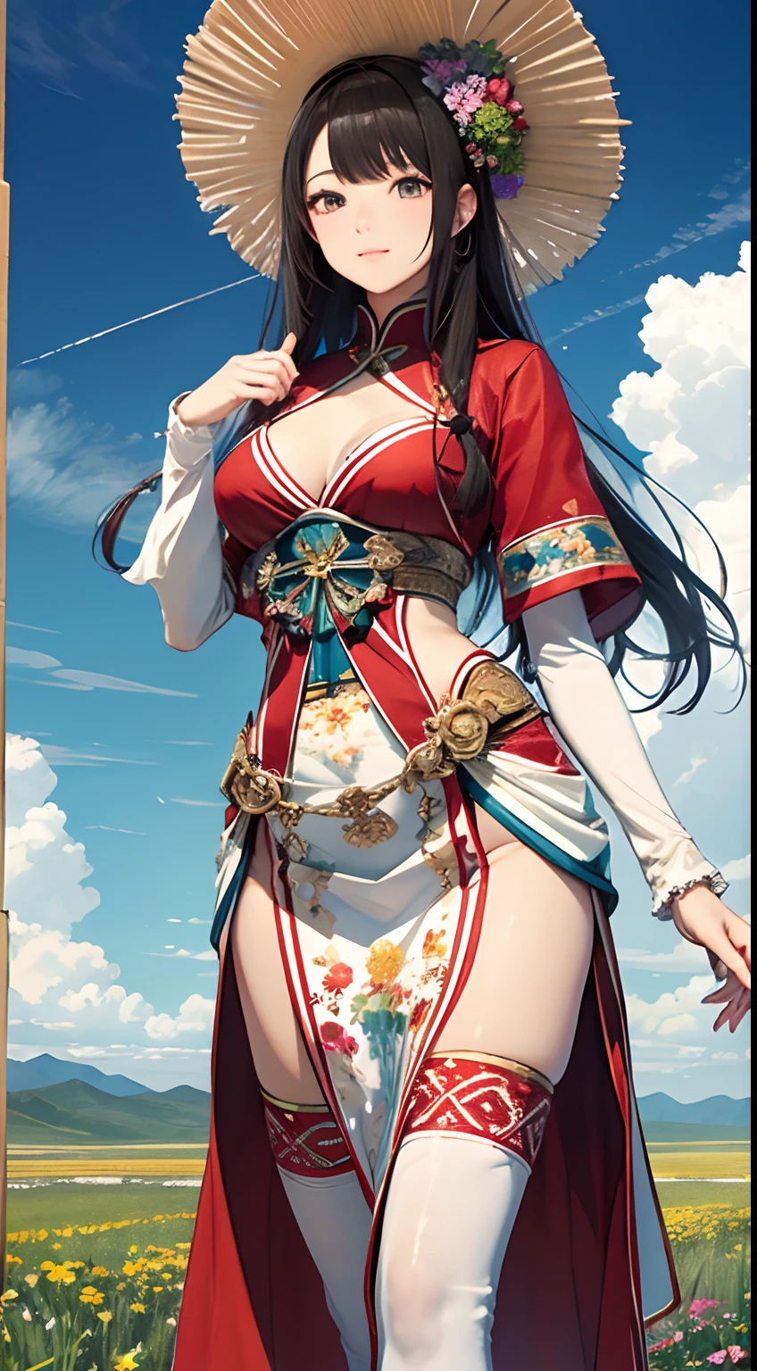 （Close-up of the painting style，8k ultra high definition，Masterpiece grade vista CG wallpaper）Magnificent sky，美丽细致的眼睛，cute girly，Perfect slim body，Colorful Mongolian costumes，Pure eyes，Smooth skin，Walking on the steppe on horseback，Background sky blank clouds，Multicolored flowers，tussock。