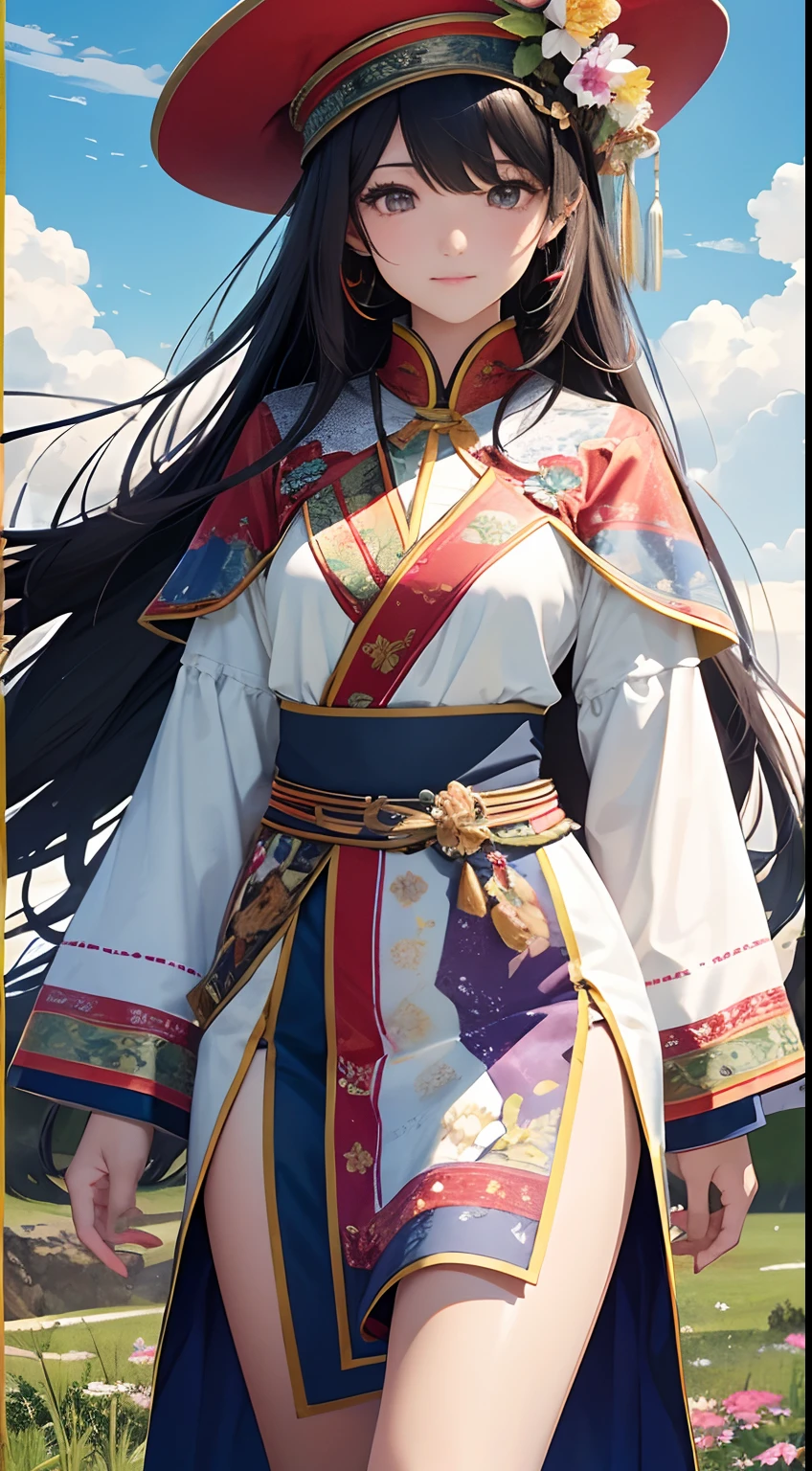 （Close-up of the painting style，8k ultra high definition，Masterpiece grade vista CG wallpaper）Magnificent sky，美丽细致的眼睛，cute girly，Perfect slim body，Colorful Mongolian costumes，Pure eyes，Smooth skin，Walking on the steppe on horseback，Background sky blank clouds，Multicolored flowers，tussock。