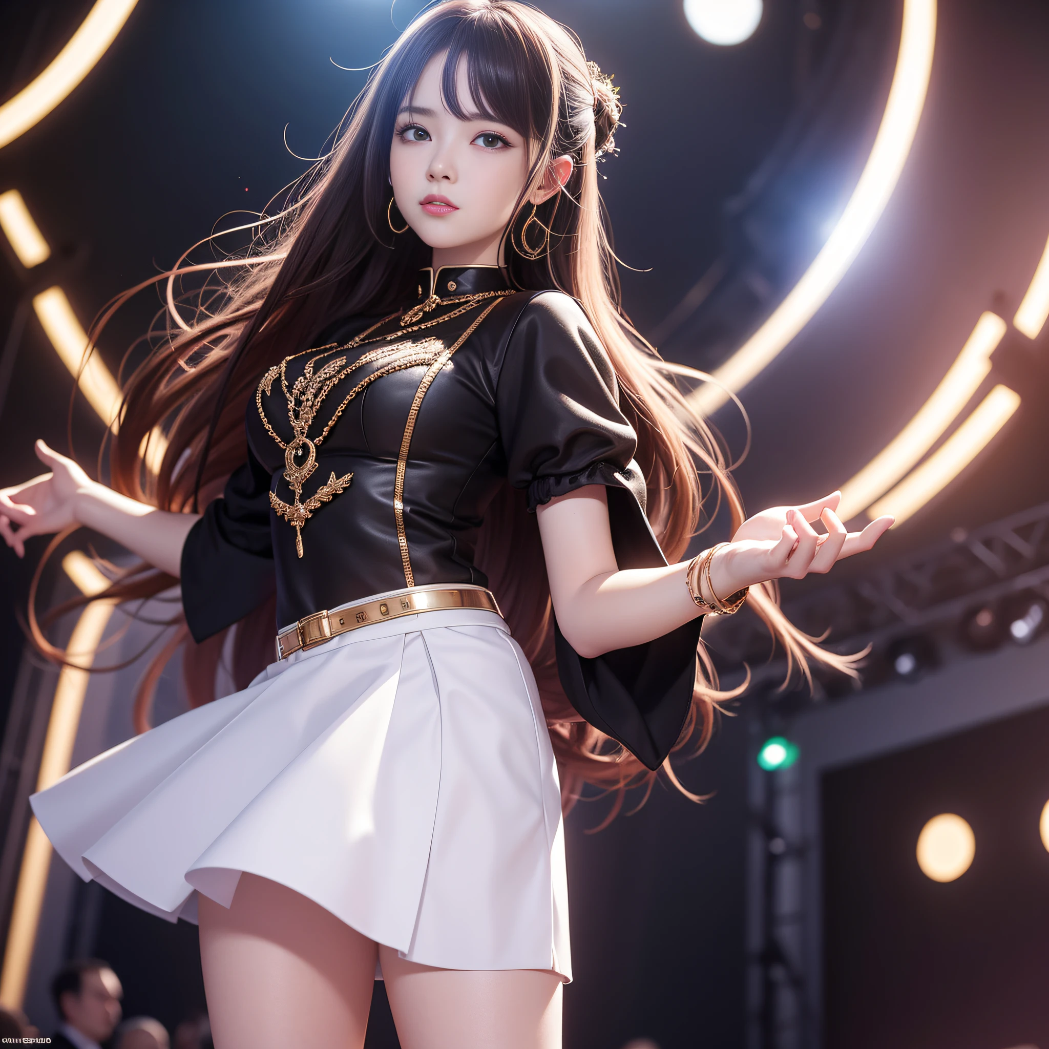 8k, highest quality, high resolution, realistic, real person, live stage with a large audience, one girl, young and cute korean idol, ((KARA)), big, long and beautiful legs, dancing violently in various poses while smiling on stage, holding microphone in hand, revealing gorgeous costume, beautiful light up