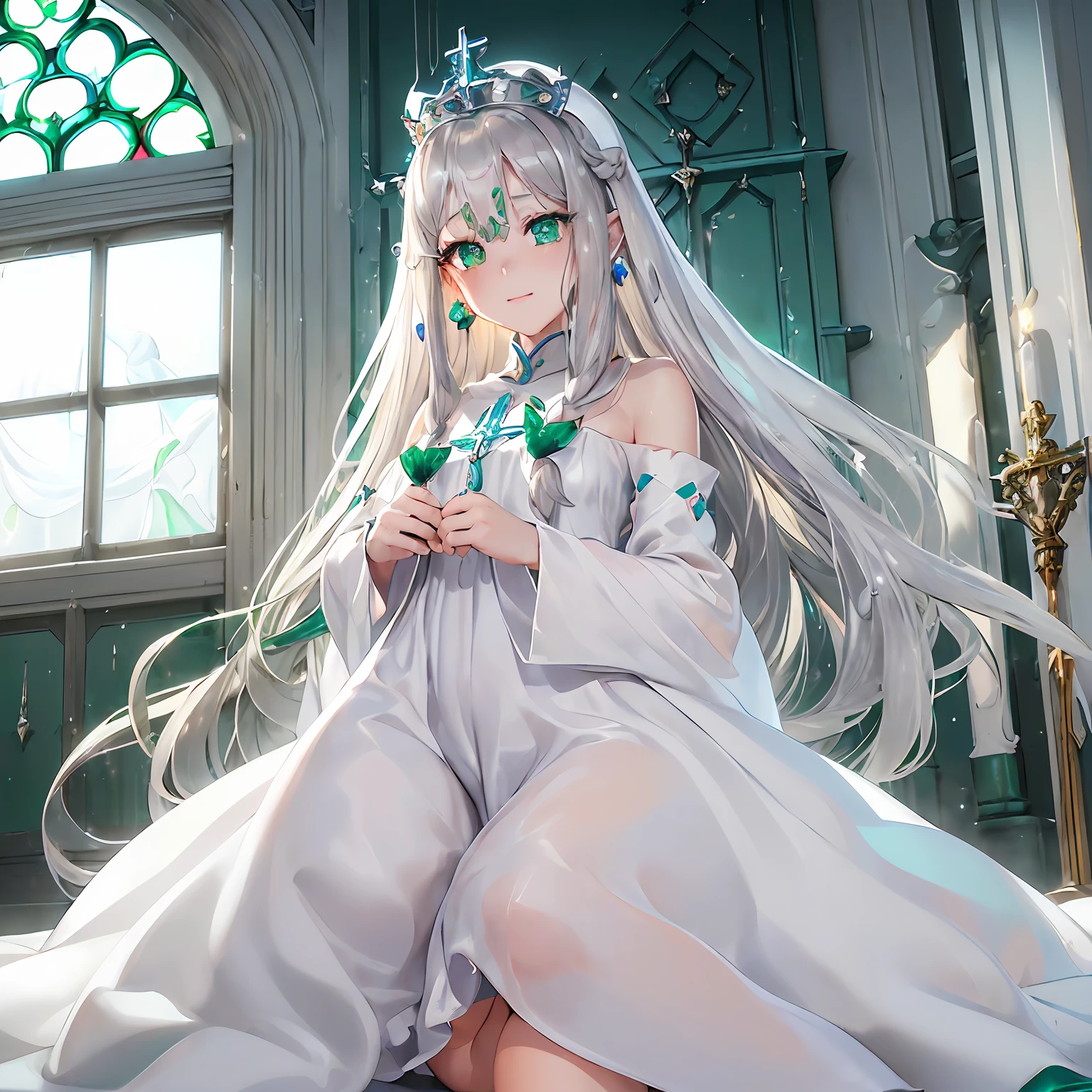 ​masterpiece、top-quality、High-quality images、hight resolution、8K、1little girl、独奏、realisitic、portlate、the detail、Detailed depiction of the eyes、Speciality、Since a while ago、announcer((Long silver hair、Emerald green eyes、Neat face、skin gloss、Lustrous hair、Pure White Silk Dress、accessorized、Slimed、Balanced proportions、royal princess、Interior of the Holy Church、Light pouring in through the window、Look straight here:1.5))、、、anastasia、You don't have to do anything、Simply、Smile peacefully、It's time to wrap up、Showered with light、The best smile、Become one with the light、