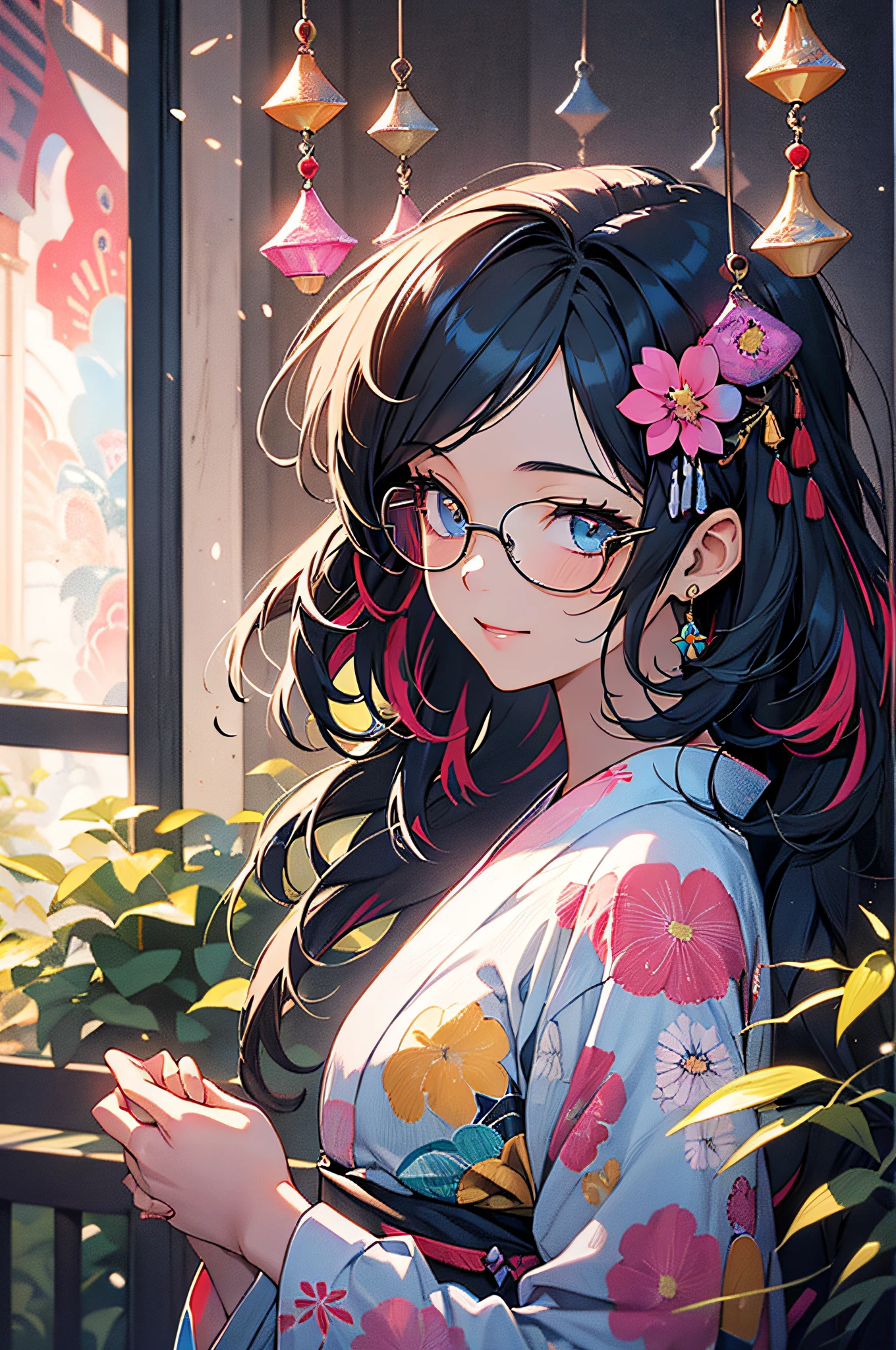 ((Yukata)),eye glass,innocent smiles,ancient city,veranda,wind chime,(1girl in, Solo:1.6),(Best Impact:1.5), (maximalism:1.7),Vivid contrast, (Realistic), hyperrealistic illustrations, hight resolution, ultra-detailliert, absurderes,(Fractal Art:1.3)、Random hairstyle、Random hair color colorful、Iridescent eyes、FULL BODYSHOT、Retro、Precise focus、randome pose、cinema4d、Drama