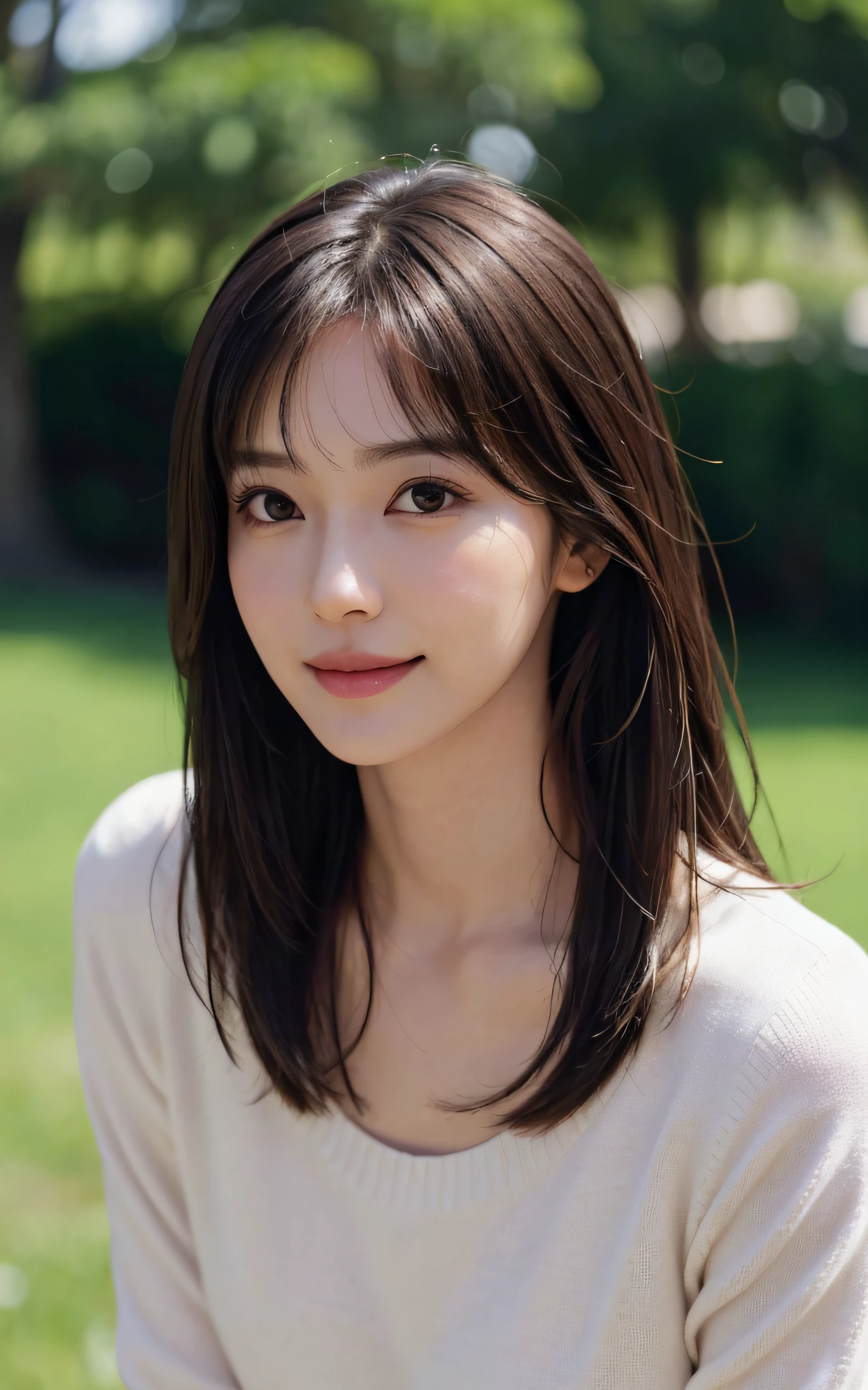 masutepiece, The highest image quality, High quality, Beautiful woman, Japanese, Detailed, Detailed eyes, Detailed skin, Beautiful skin, Ultra High Resolution, (reality: 1.4),Very beautiful, Slightly younger face, Beautiful skin, slender, (A hyper-realistic), (hight resolution), (8K), (Very detailed) (beautifully detailed eyes), (super detailed), Sweaters, Skirt, (Wallpaper), (Detailed face), Looking at Viewer, Fine details, Detailed face, Smiling, Looking straight ahead, Looking straight ahead, angle from waist up, photos realistic, Bright lighting, Professional Lighting, Mature Woman, Brown hair, Shoulder-length straight hair swaying in the wind, long stylish bangs,